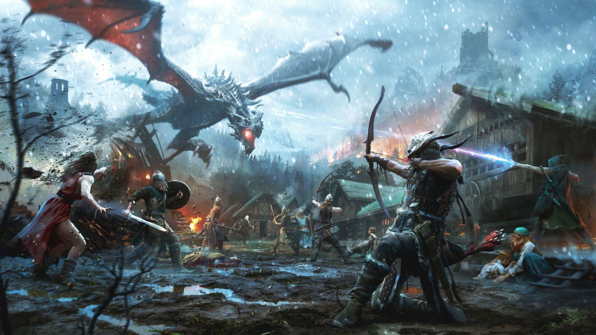 1920x1080 Warriors battle a dragon Wallpaper from The Elder Scrolls