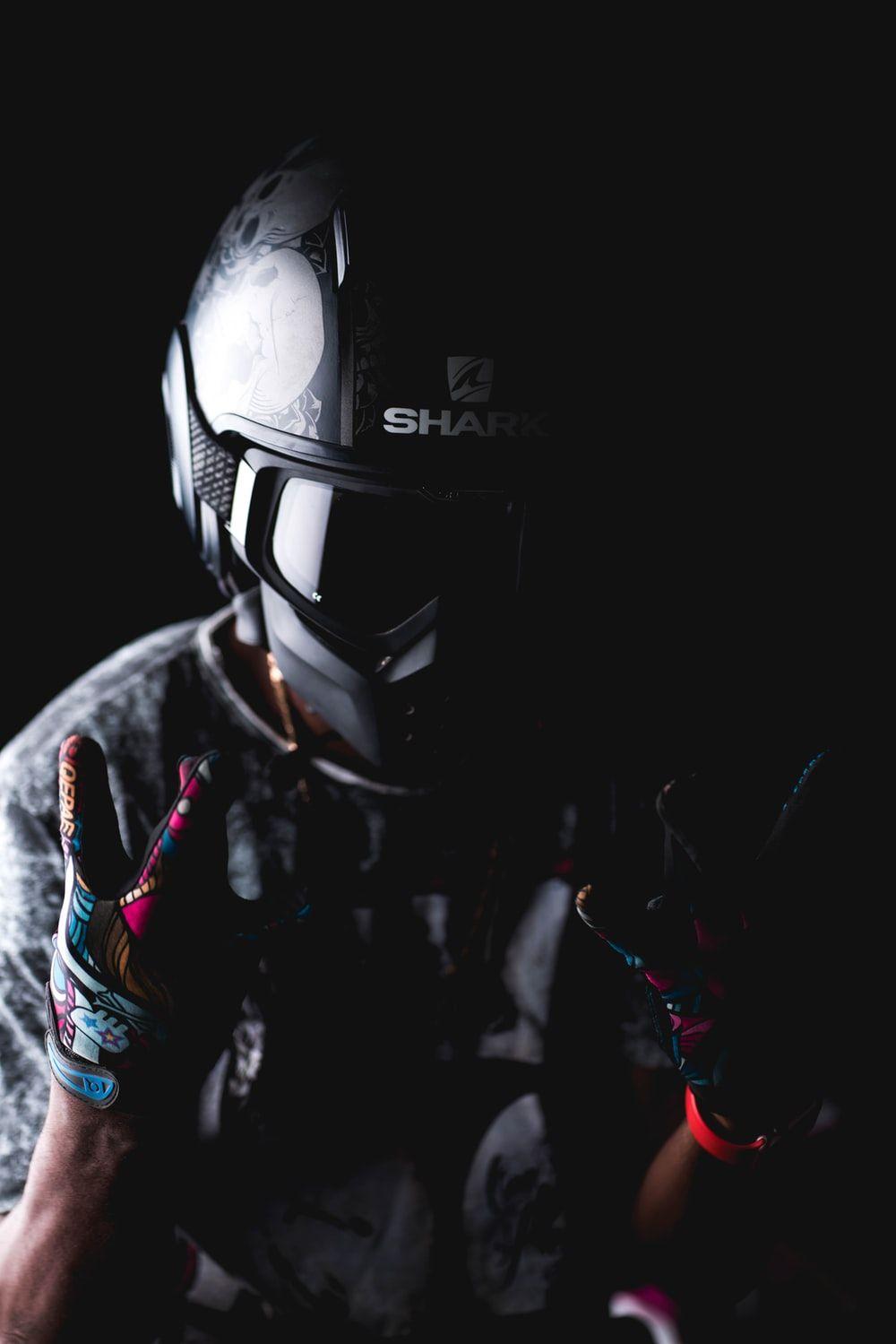 1000x1499 man wearing black Shark helmet photo