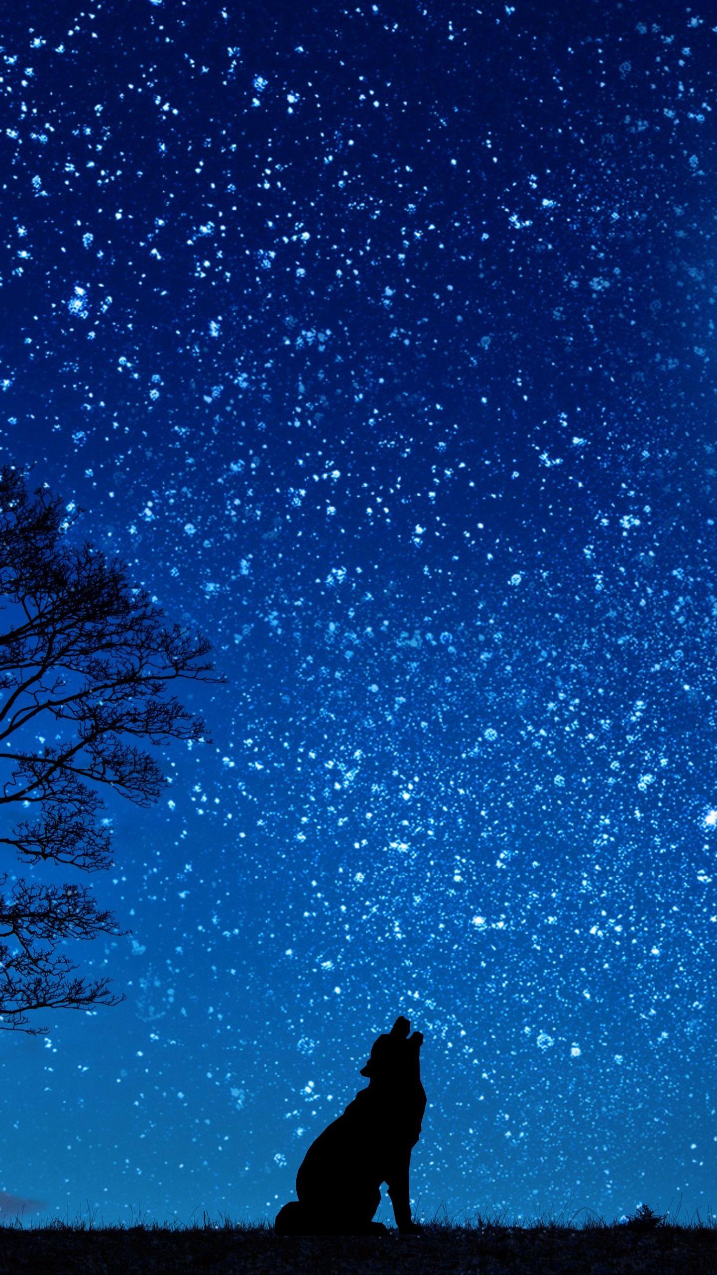 1440x2560 Tải xuống hình nền 1440x2560 sói, bầu trời đầy sao, cây, mặt trăng