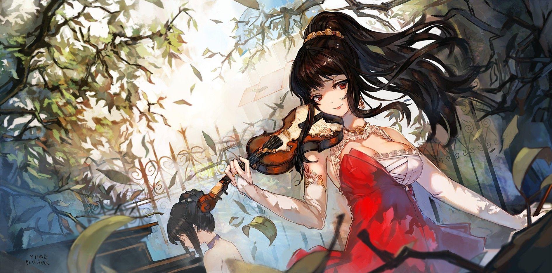 1890x935 anime, Anime Girls, Violin, Ponytail, Original Characters