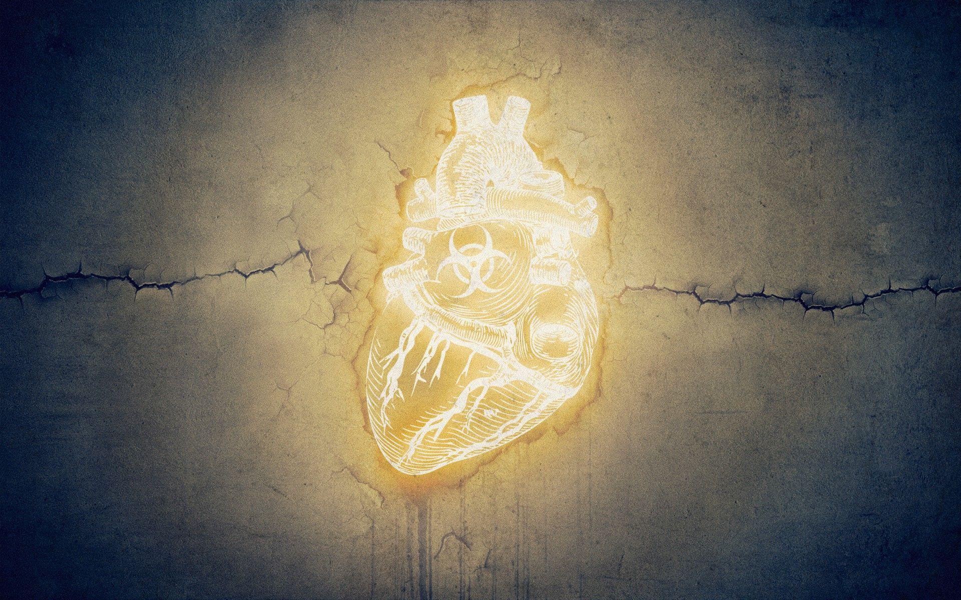 1920x1200 biohazard, grunge, glowing, hearts, cracks, symbols, neon