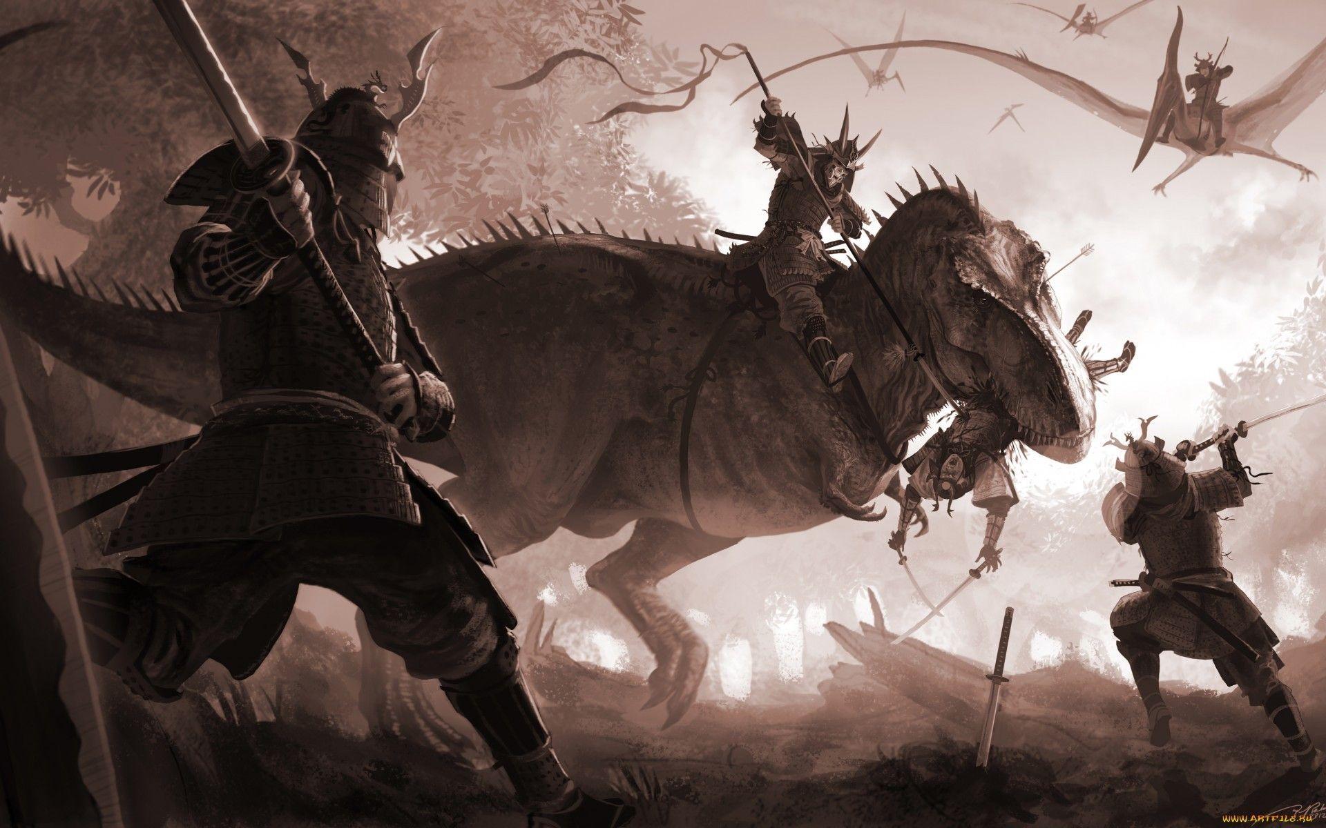 1920x1200 Battlefield, dinosaurs, katana, fight, samurai, fantasy art, artwork