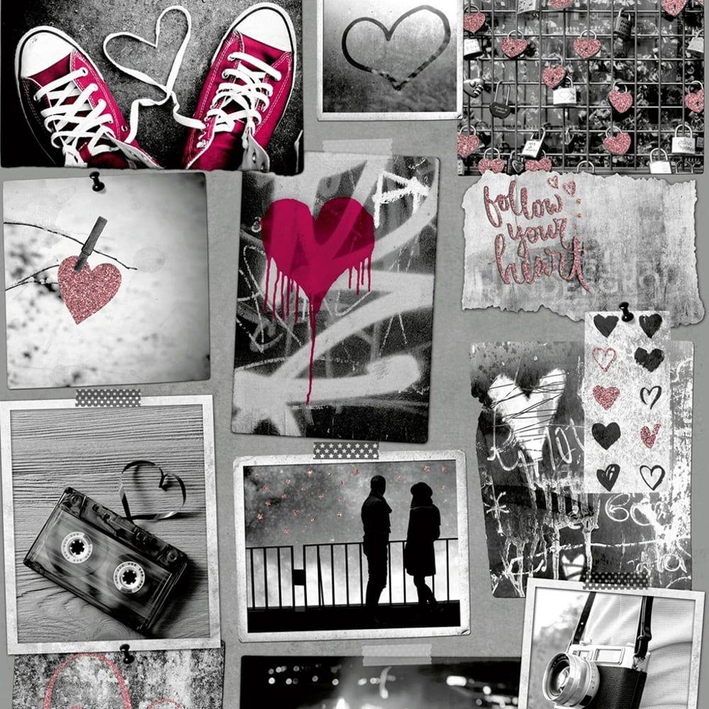 1000x1000 Muriva Muriva Love Rocks Heart Pattern Wallpaper Photo Collage Camera Glitter Motif A10303
