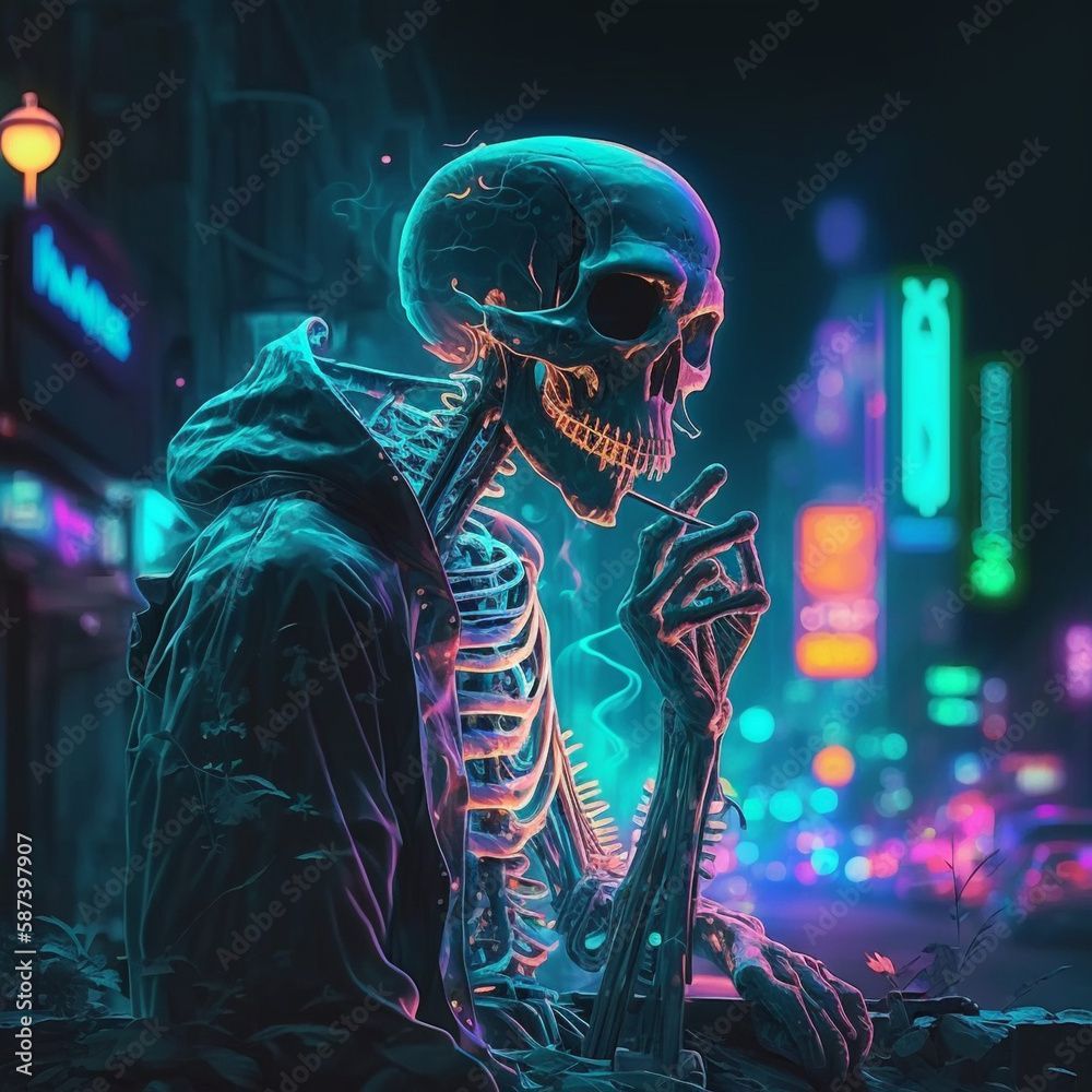 1000x1000 Skeleton Homeless Smoking. Generative
