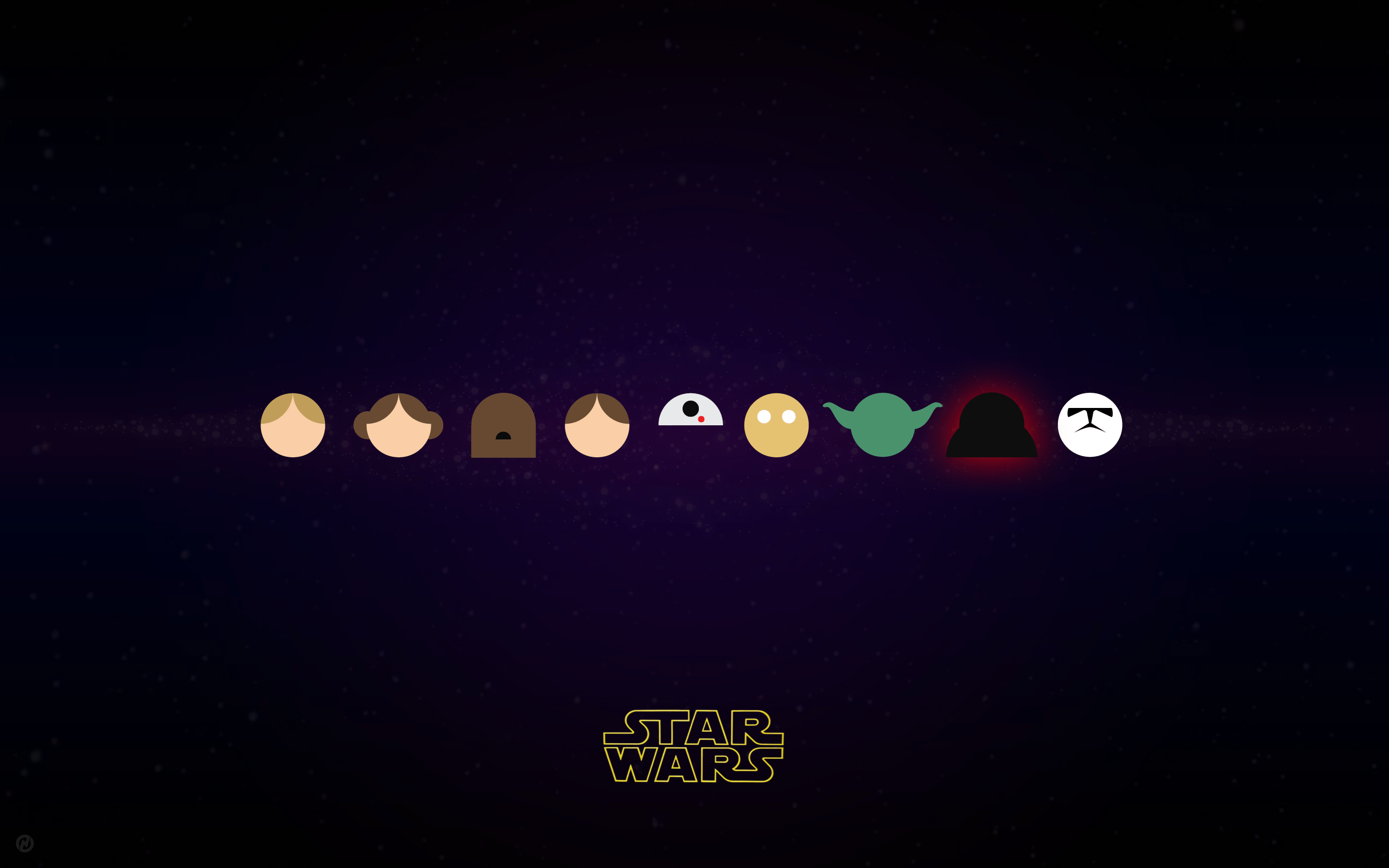 2560x1600 Star Wars, night, minimalism, Chewbacca, R2 D circle, Darth Vader, stormtrooper, Yoda, C 3PO, Luke Skywalker, Han Solo, Princess Leia, light, darkness, screenshot, computer wallpaper, font, astronomical object HD Wallpaper