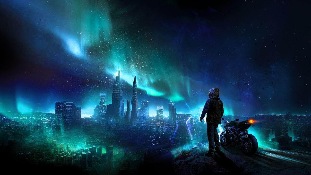 1280x720 Wallpaper Urban, Night life, Skyline, Biker, Alone, HD
