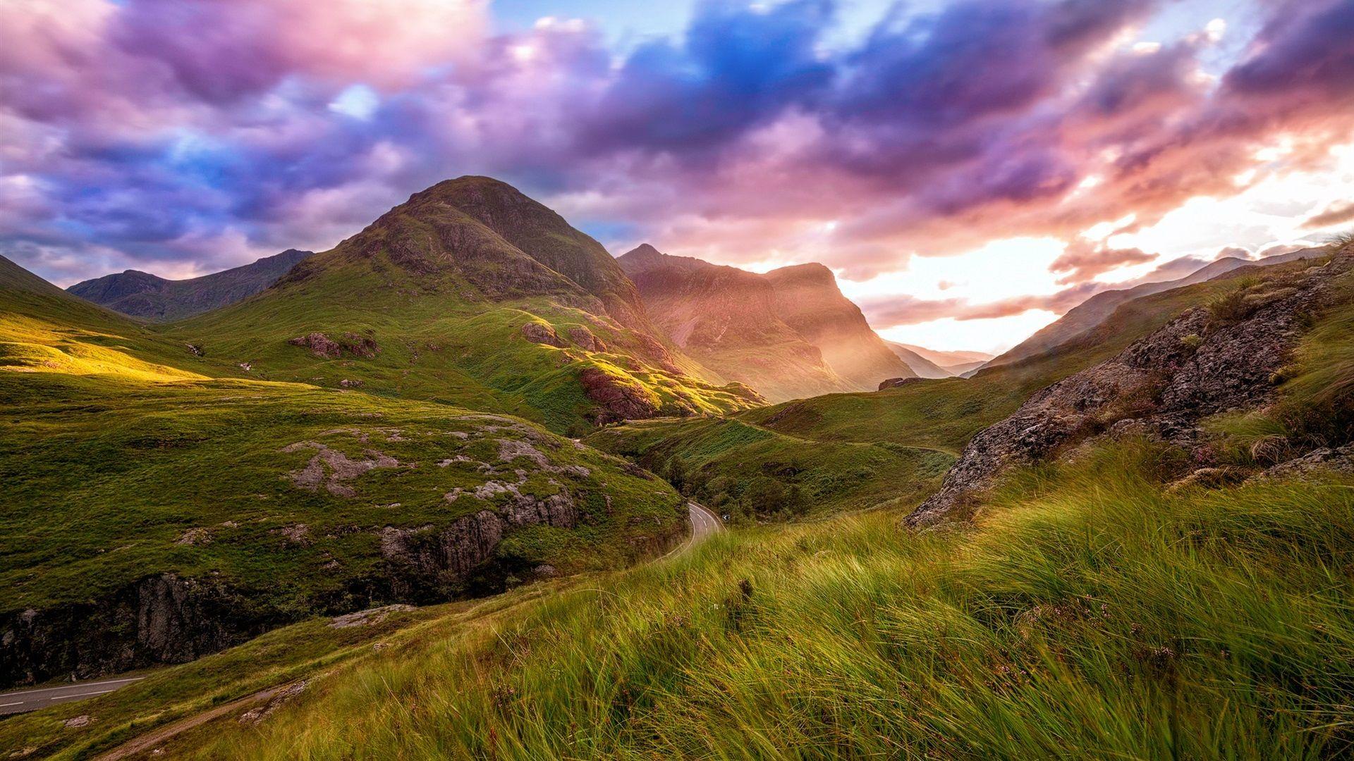 1920x1080 Scotland, Highland Valley, mountain, road, clouds, sky, sunset