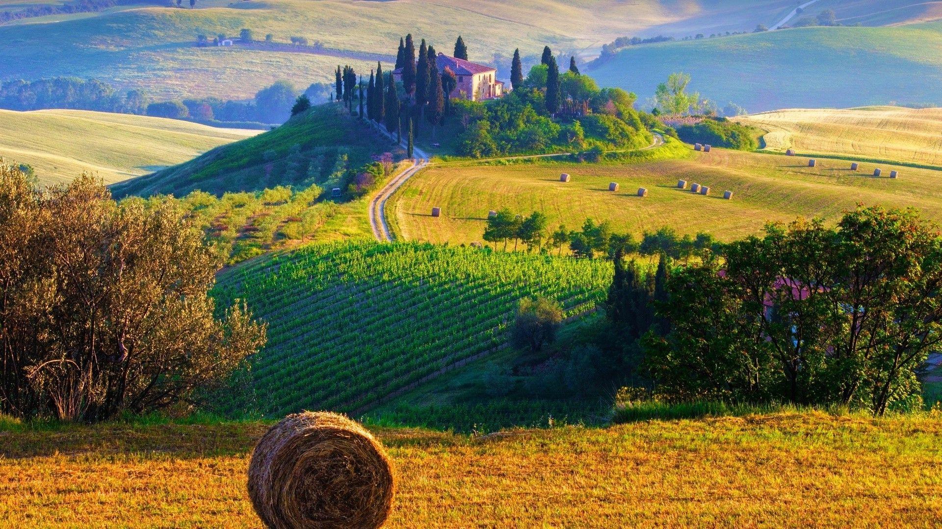 1920x1080 haystacks, Landscape, Terraced Field, Cottage, Tuscany