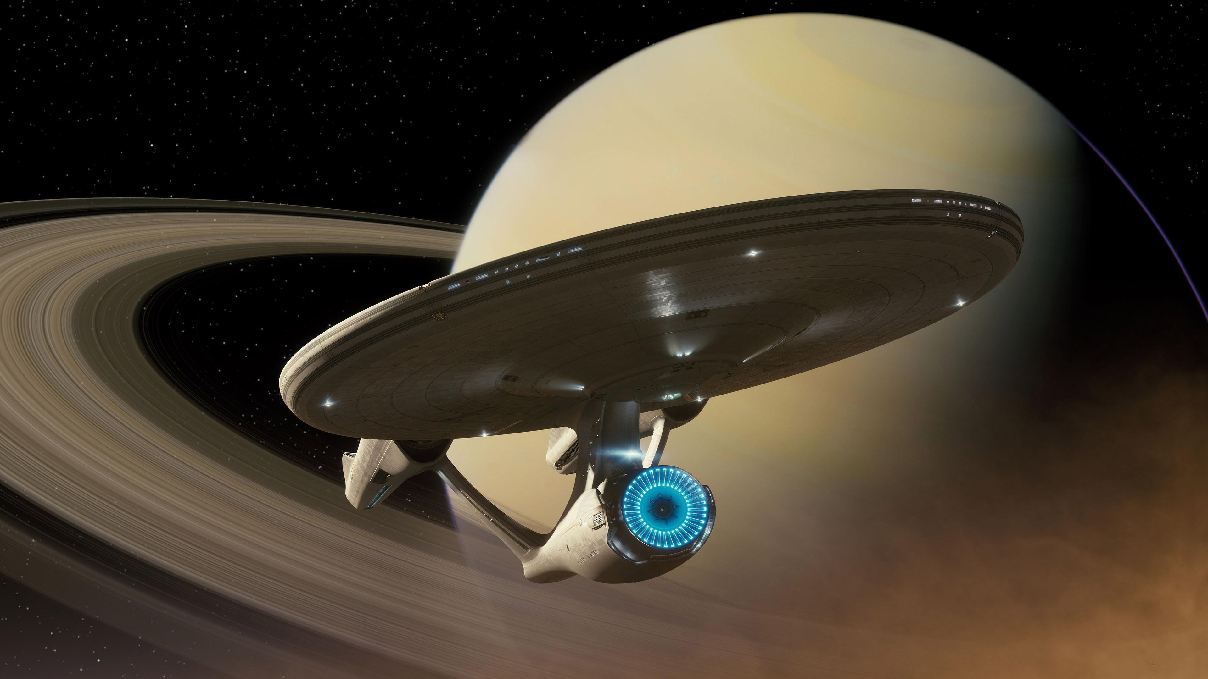 3840x2160 Star Trek spaceship around the planet HD desktop wallpaper