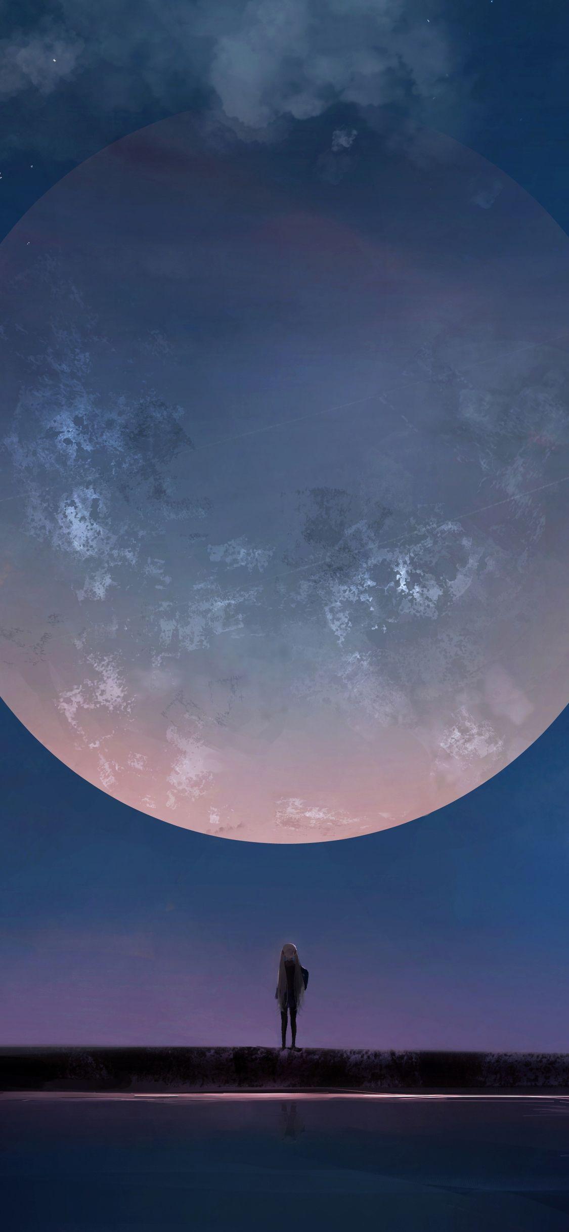 1125x2436 Huge Moon Anime Girl Night Sky Stars iPhone XS