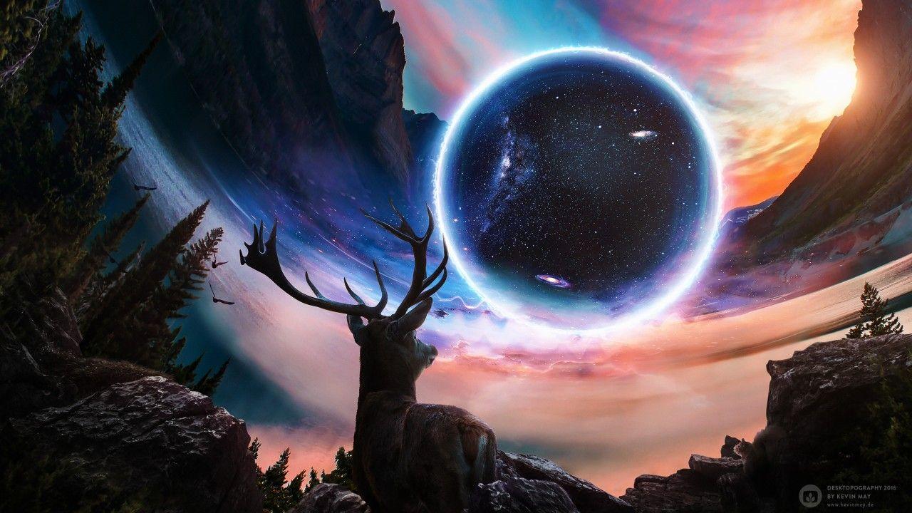 1280x720 Wallpaper Deer, Planet, Universe, Mountains, HD, Creative