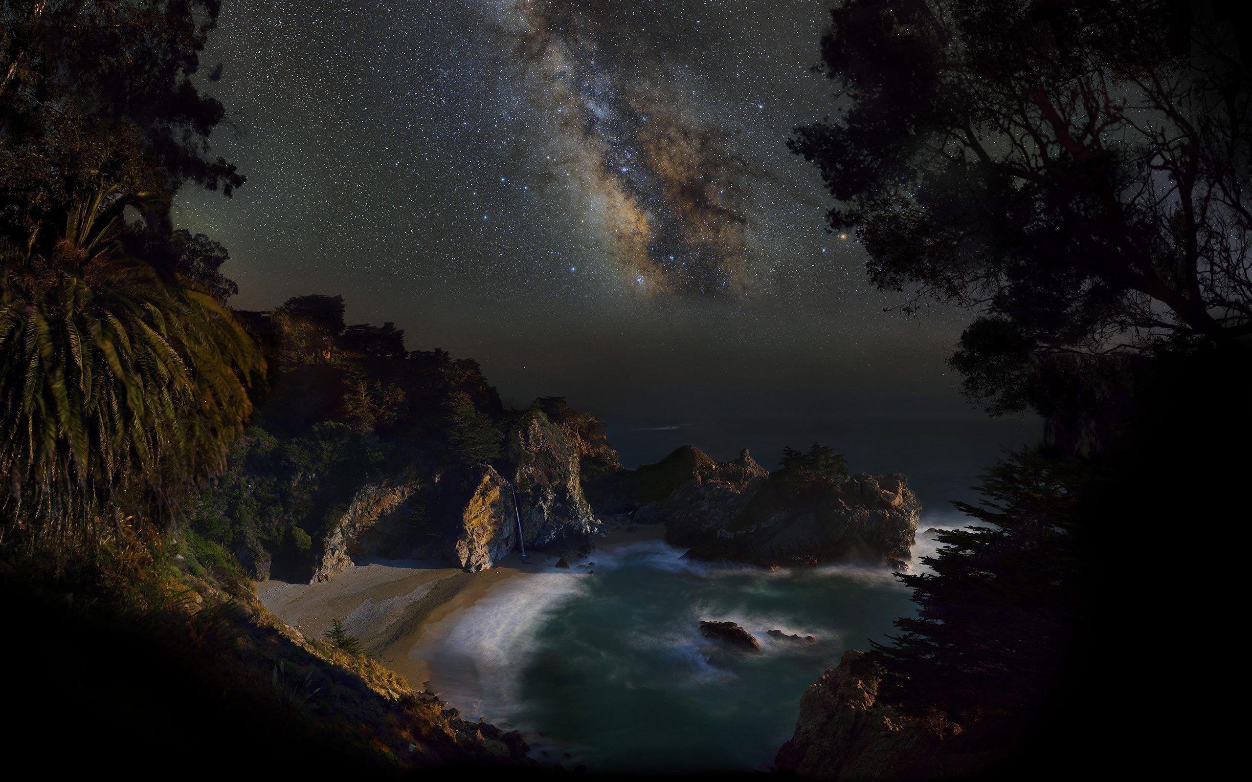 2560x1600 Wallpaper Milky Way, stars, sea, beach, coast, night