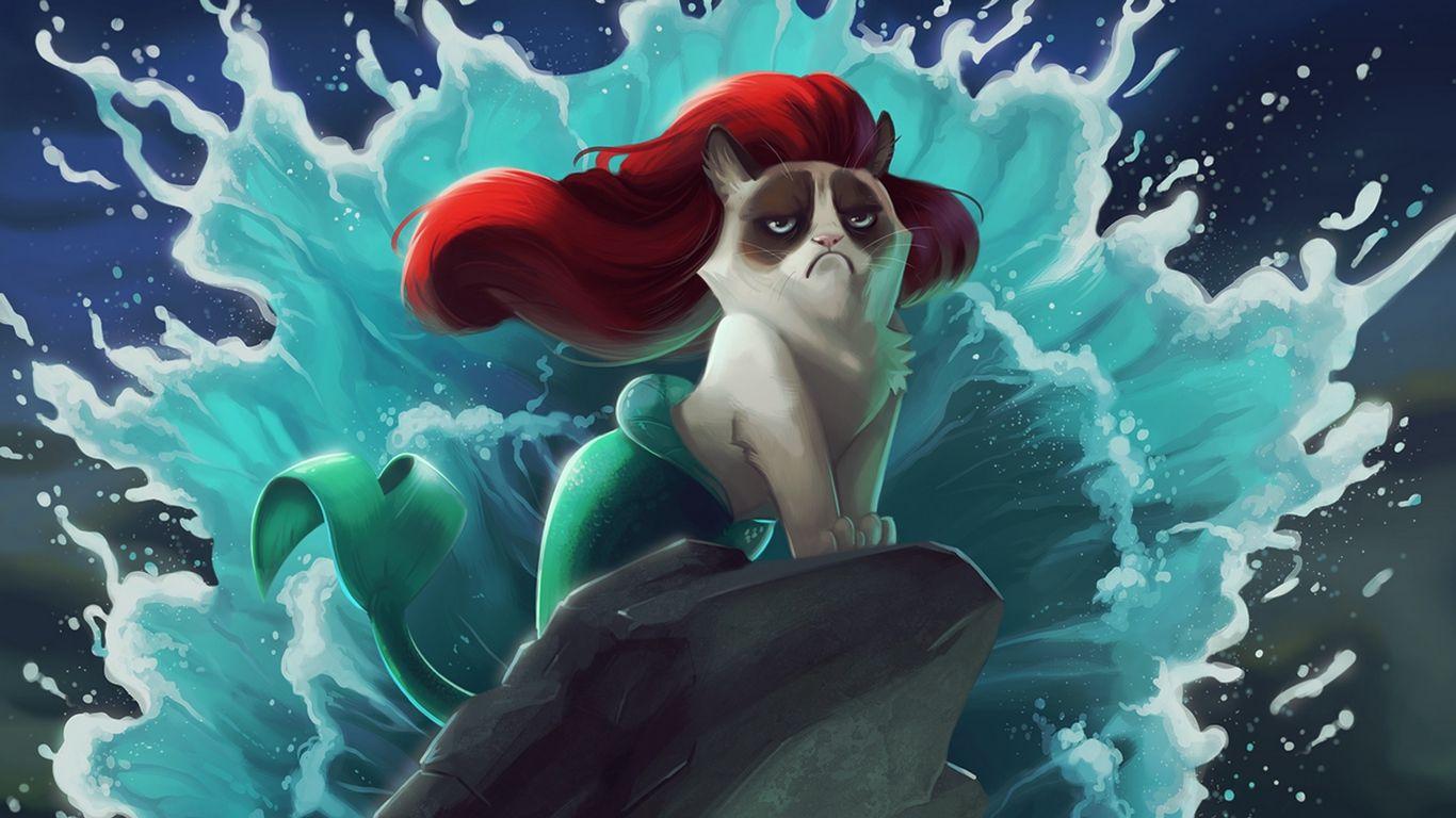 1366x768 Download wallpaper 1366x768 cat, mermaid, cartoon, grumpy