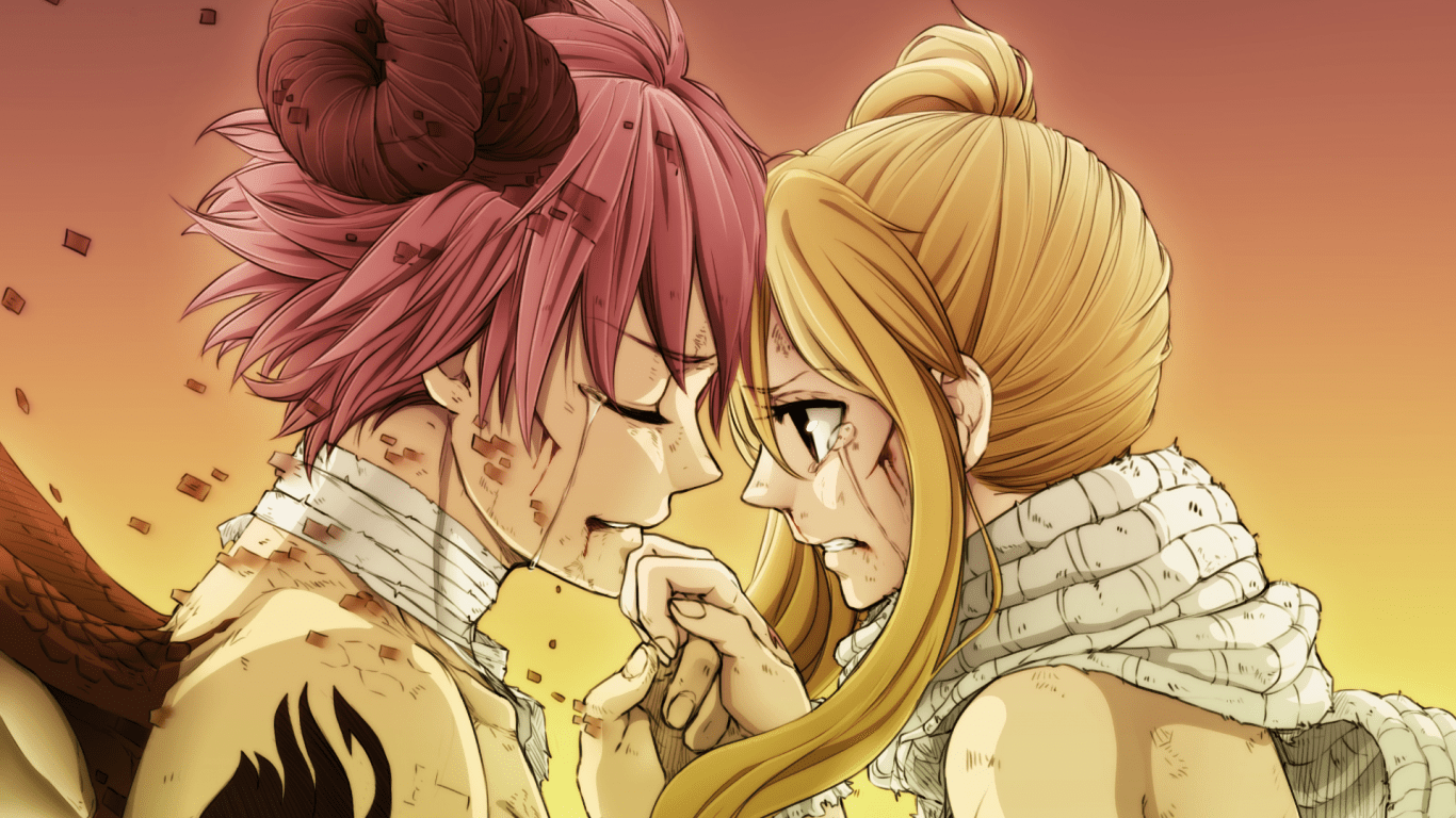 1366x768 Download 1366x768 Natsu X Lucy, Fairy Tail, Tears, Scarf, After Fight Wallpaper for Laptop, Notebook
