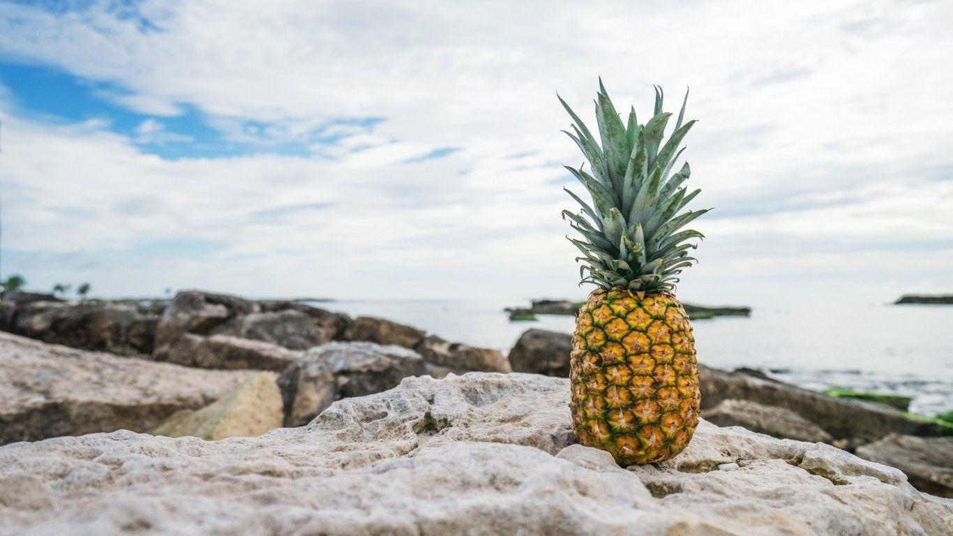 1366x768 Download 1366x768 Pineapple, Fruit, Rocks, Ocean Wallpaper