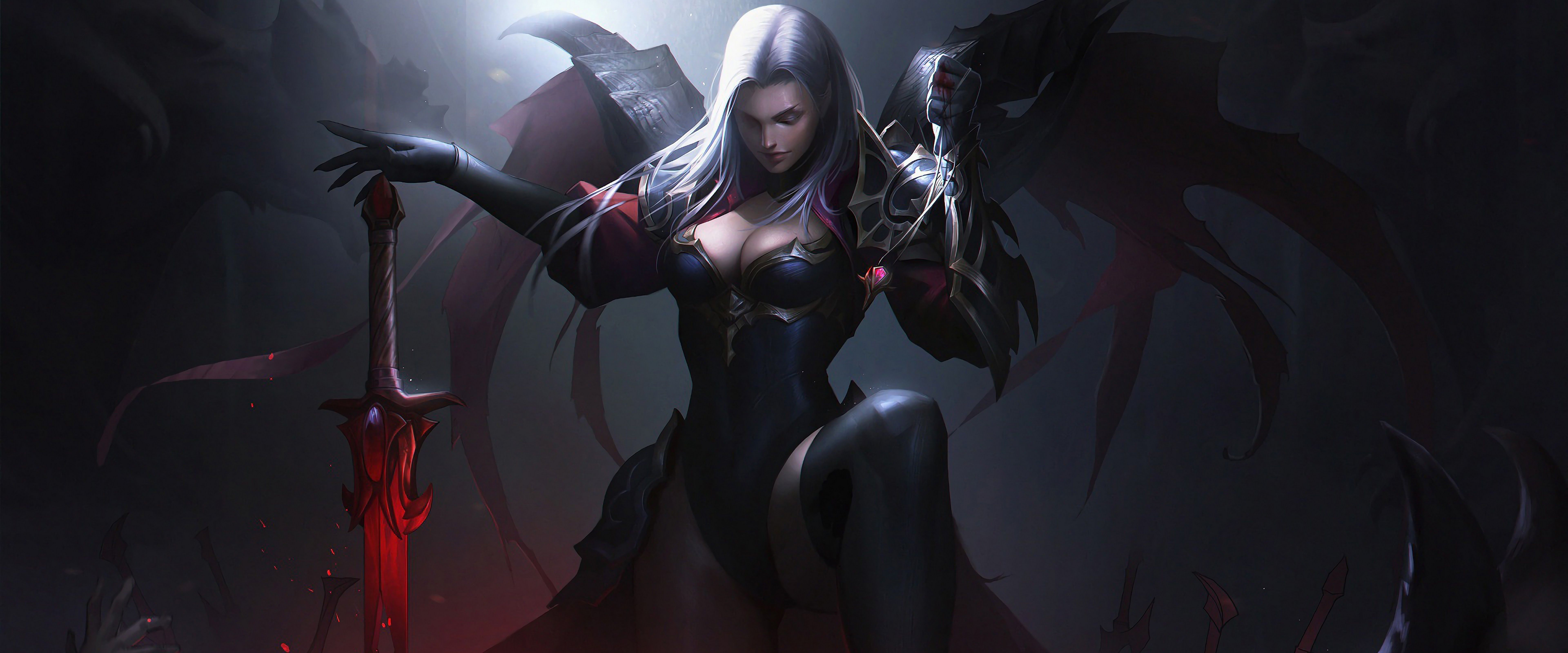 7680x3200 Fantasy Girl Sword Warrior 4K Wallpaper