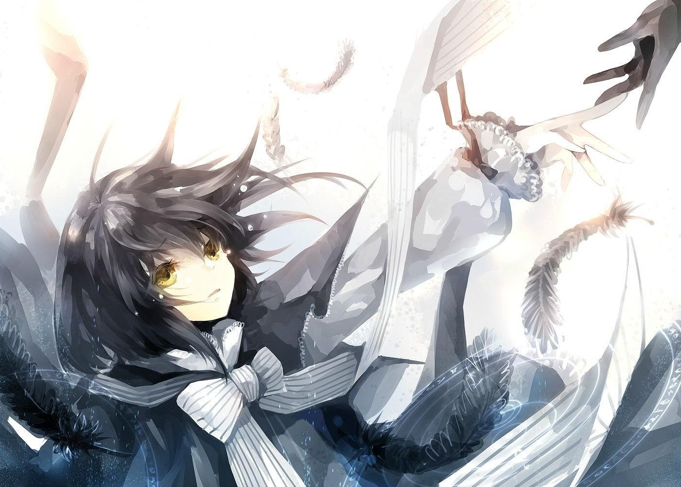 1400x1000 crying anime girls original characters feathers