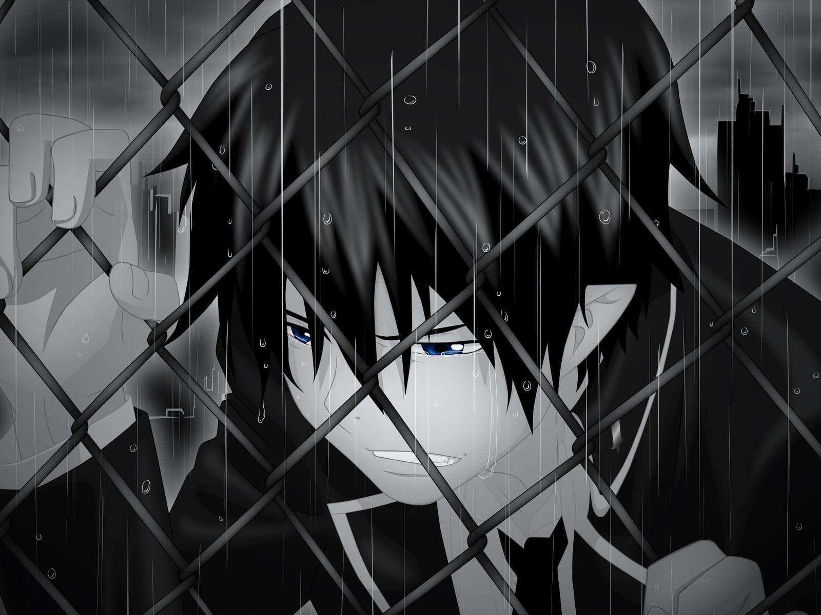 1600x1200 Male anime character crying under the rain while holding