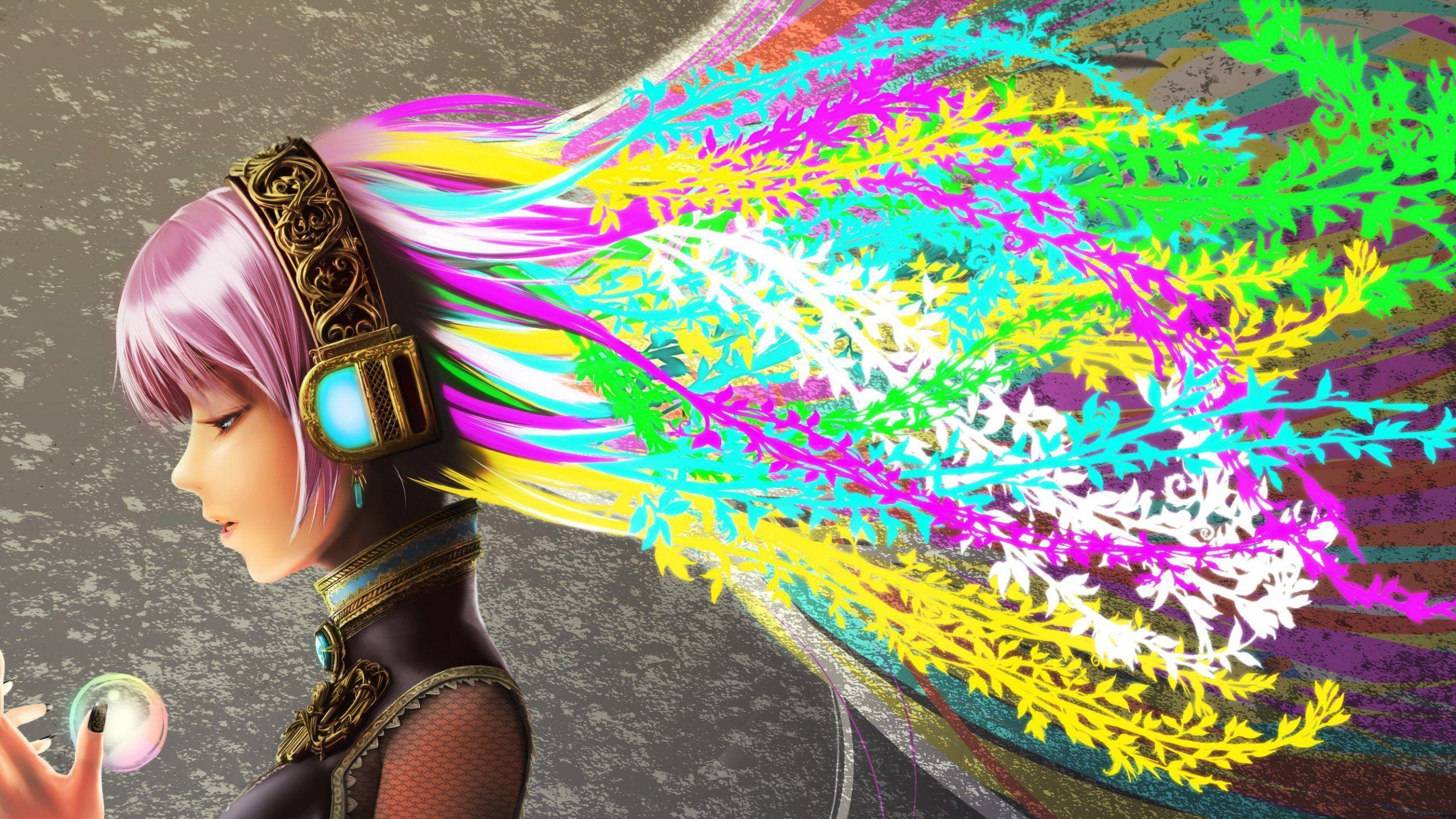 2560x1440 Girl with Colorful Hair Full HD Wallpaper