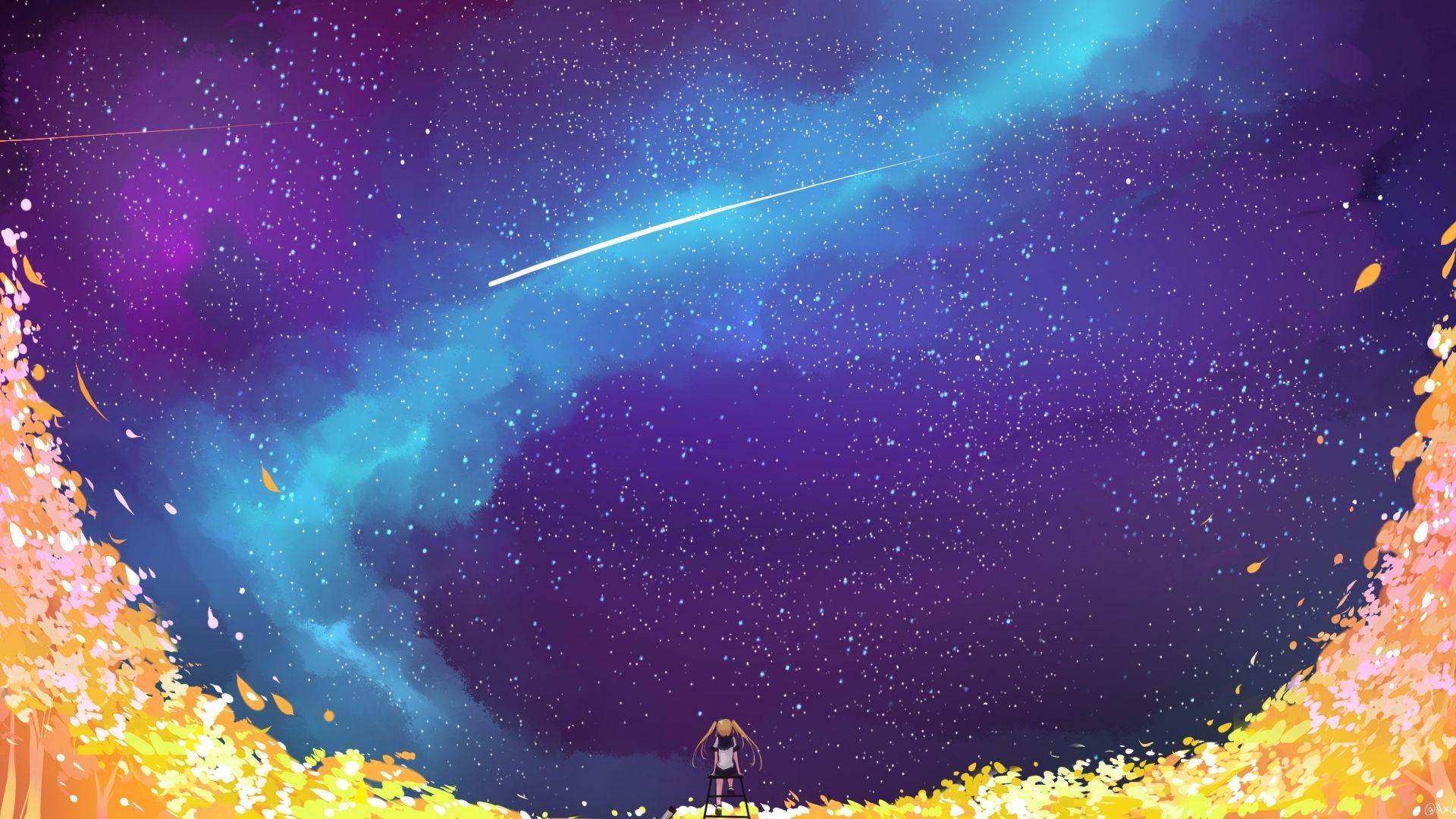 1920x1080 Download 1920x1080 Anime Girl, Landscape, Space, Night