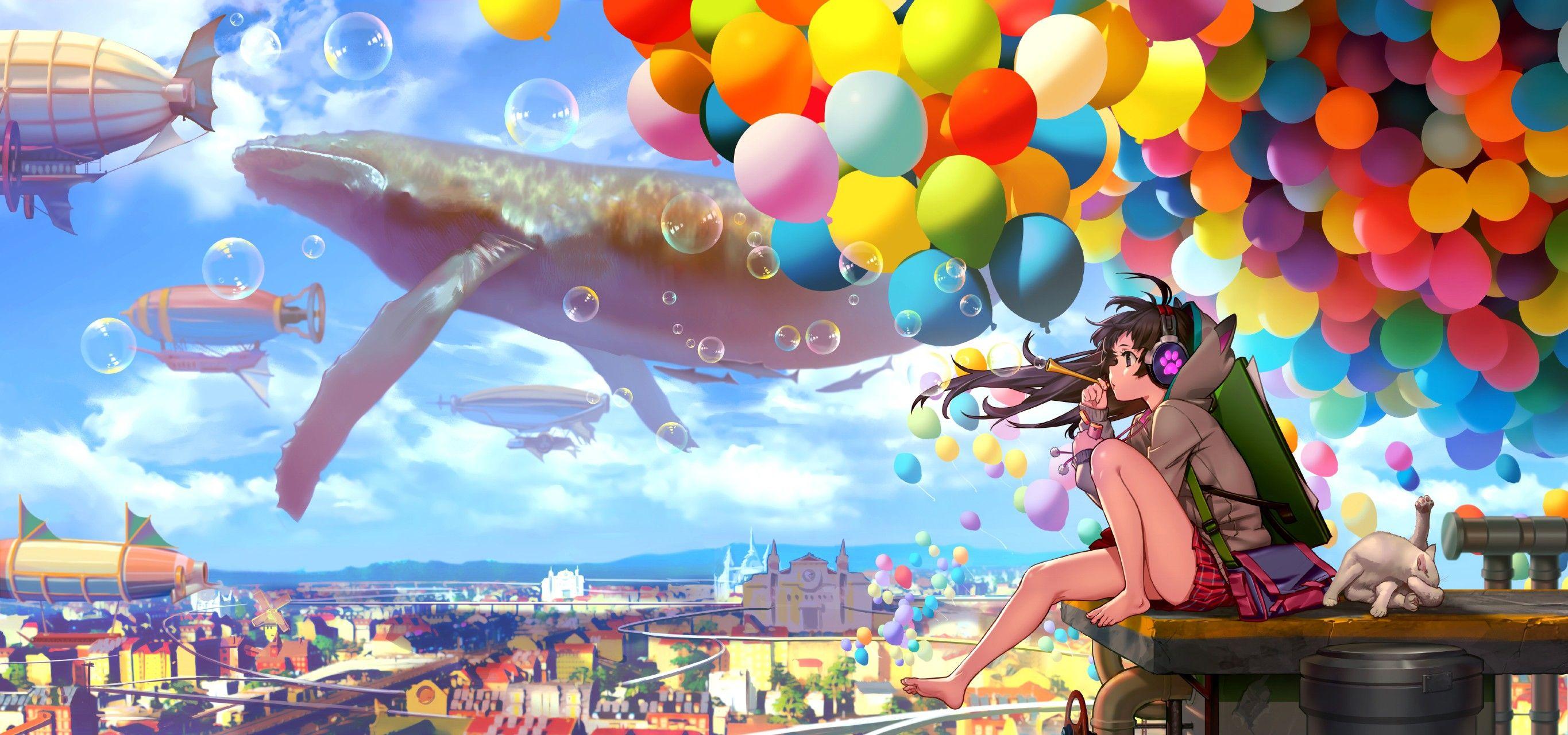 2730x1280 barefoot, #long hair, #anime, #anime girls, #bubbles, #city, #clouds