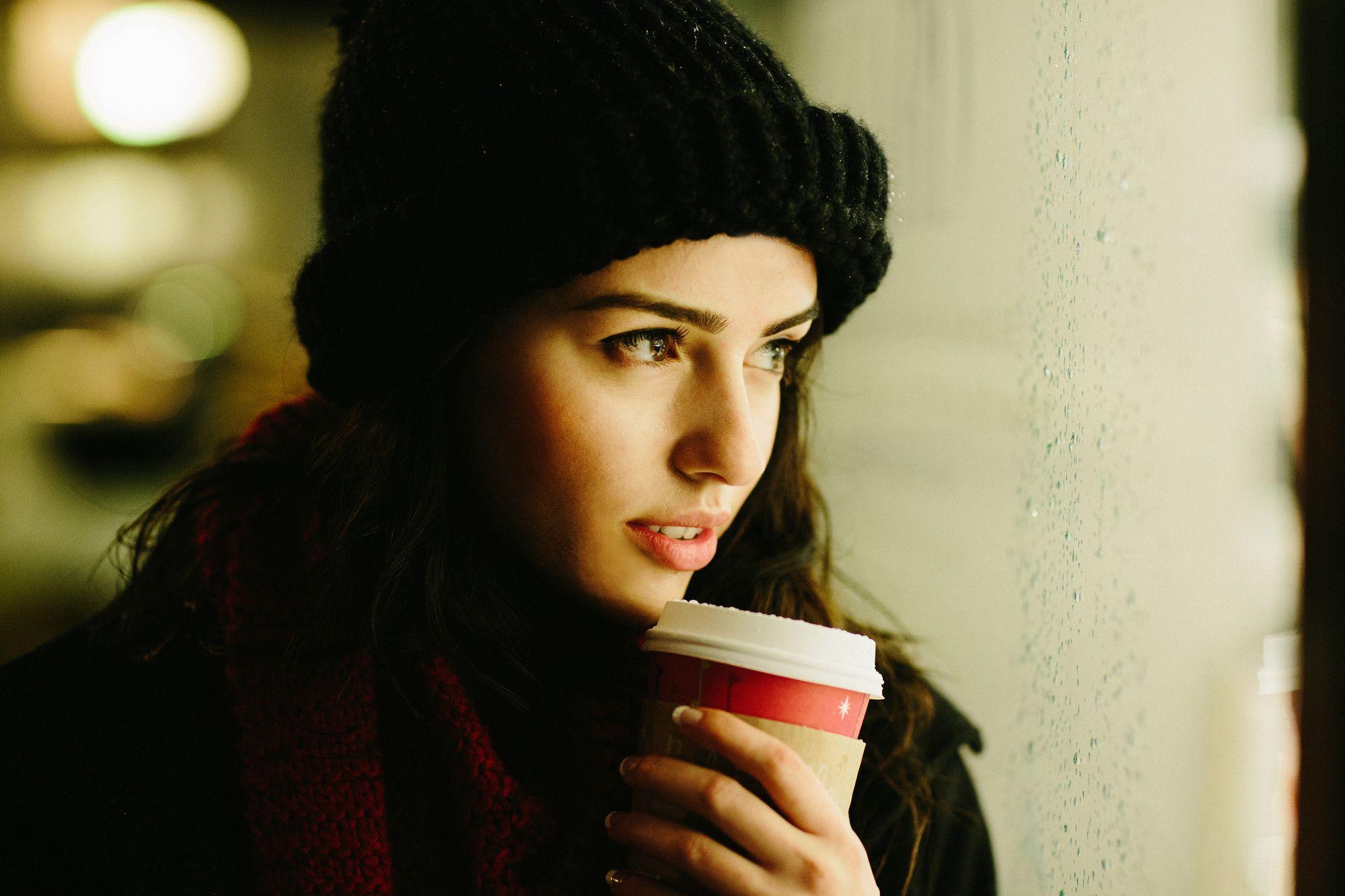 2048x1365 Girl coffee smile view cap winter drink mood face wallpaperx1365