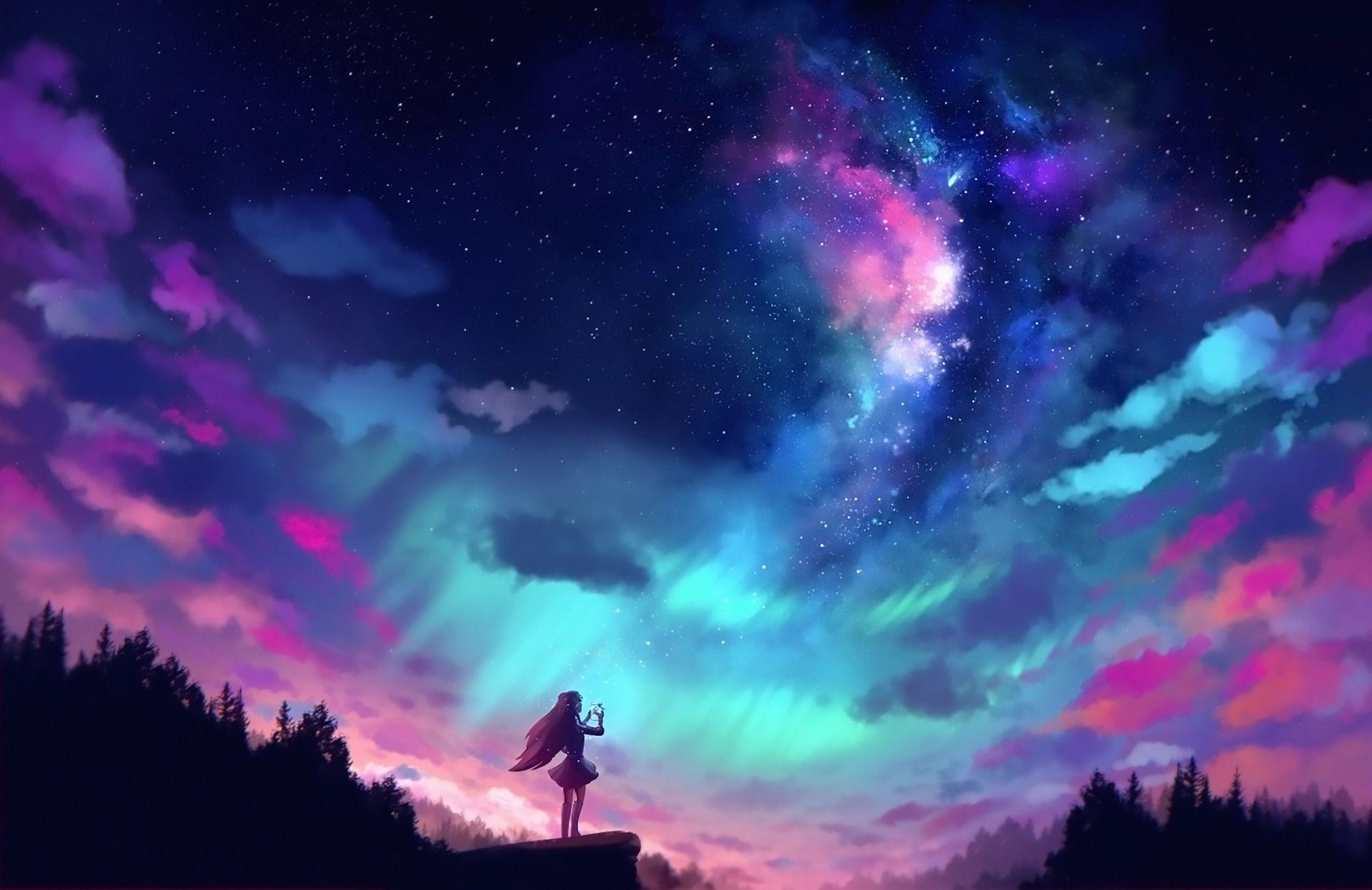 1920x1246 Cô gái trong anime và bầu trời đầy màu sắc, Hình nền full HD