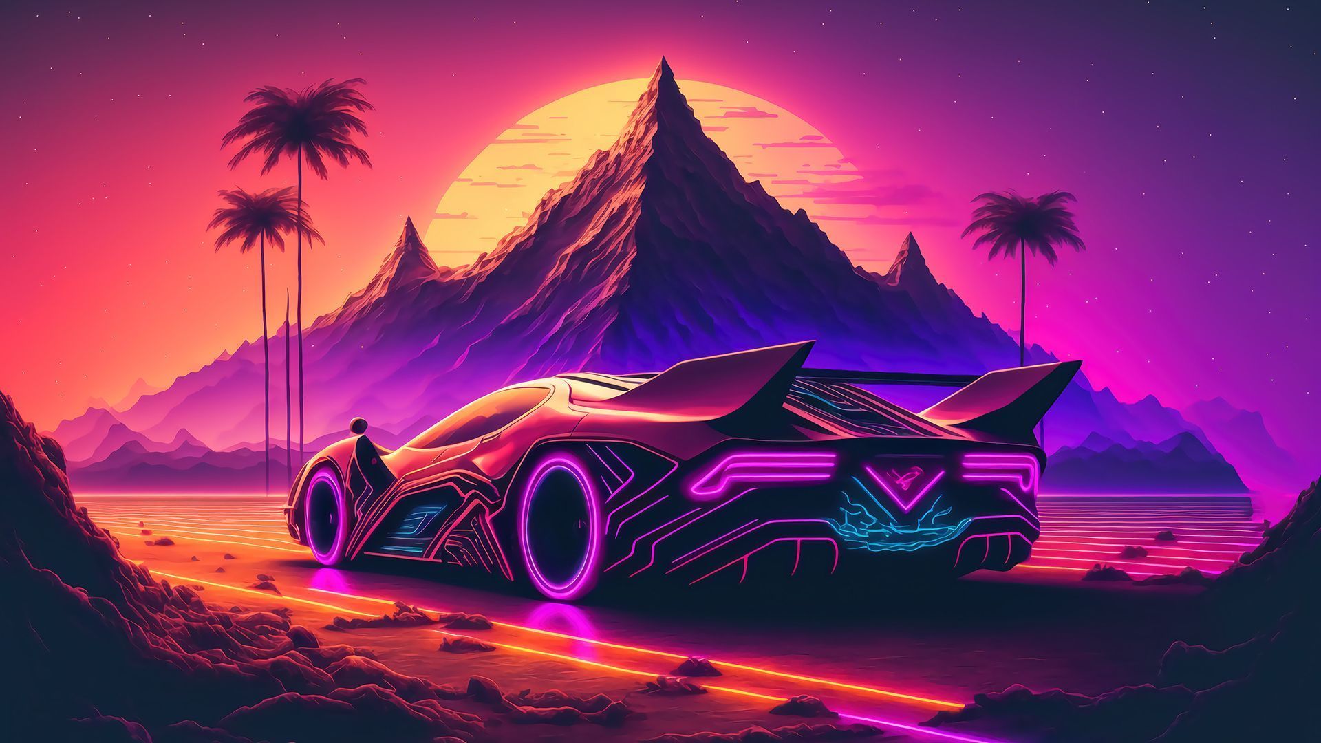 1920x1080 Futuristic Mountain Sunset Wallpaper
