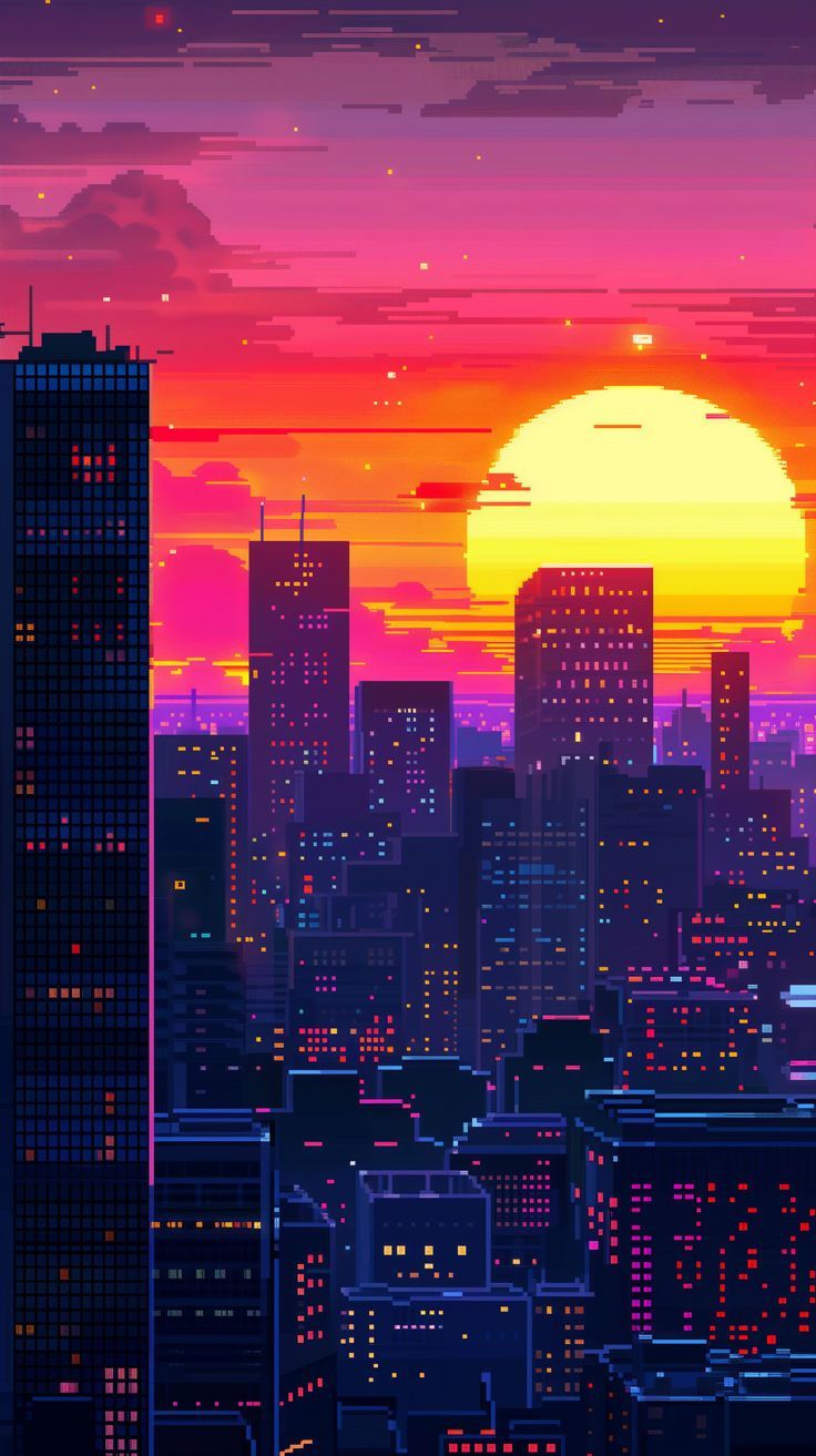 736x1313 Sunrise in the City Pixel Art Mobile