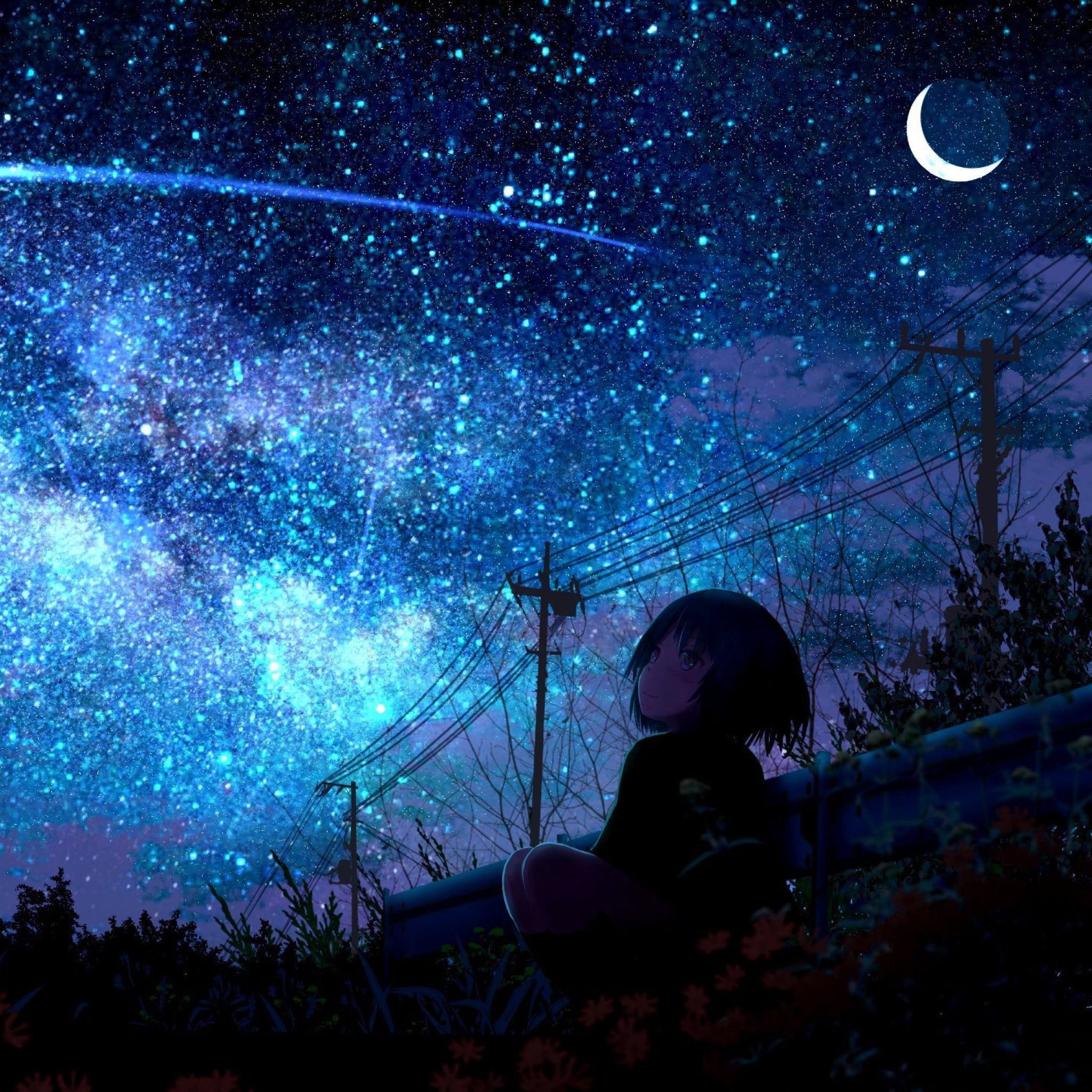 2048x2048 Lonely Anime Girl Night Wallpaper