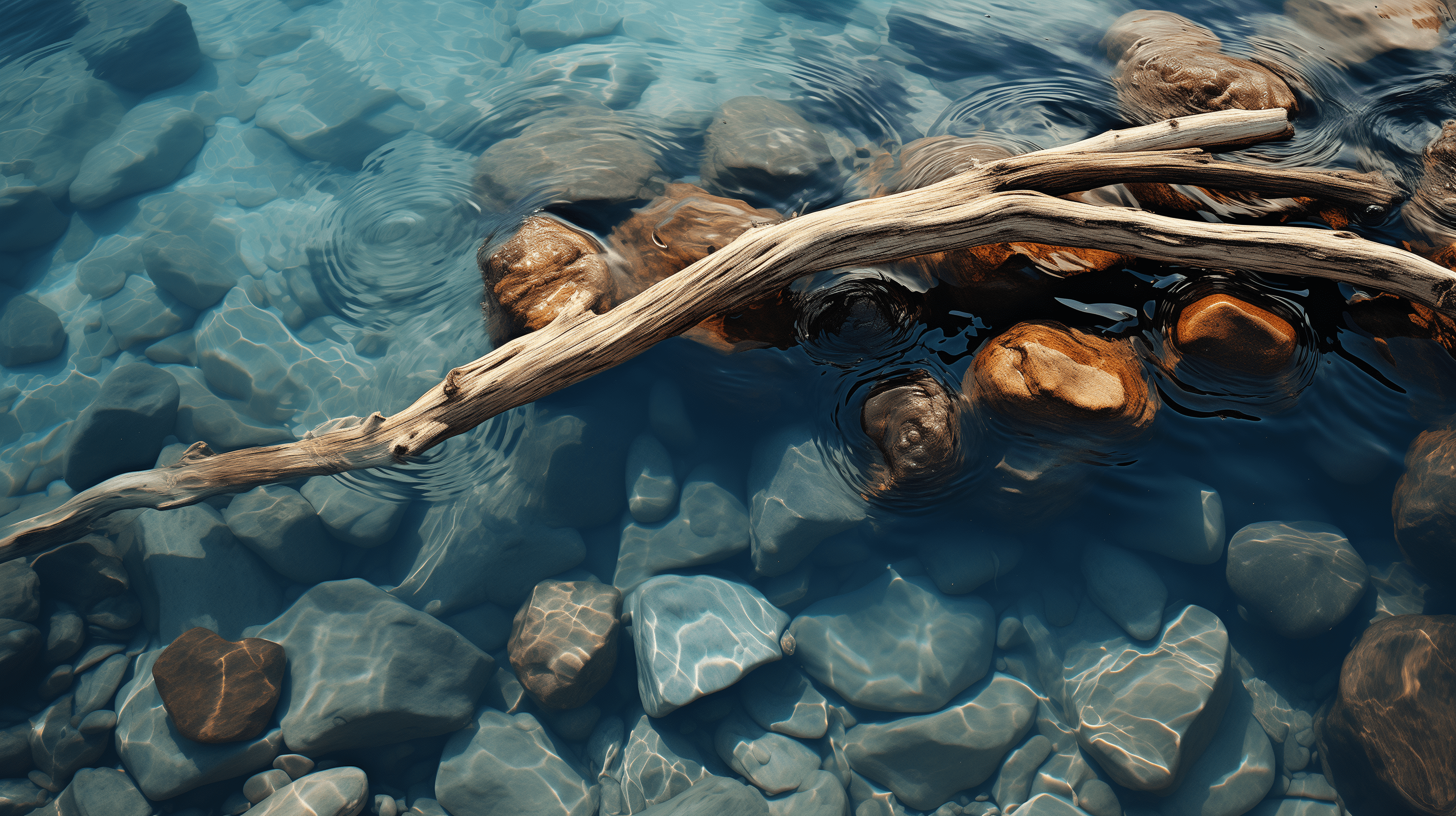 2912x1632 Serene River Driftwood HD Wallpaper