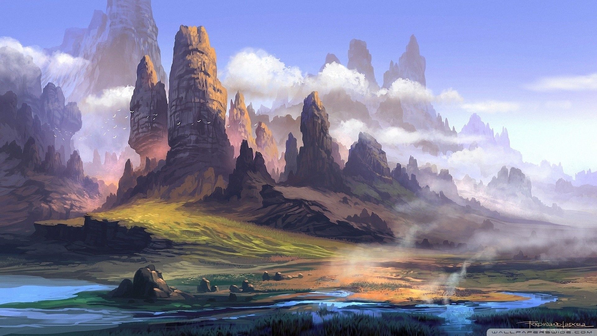 1920x1080 grass, water, sky, artwork HD Wallpaper