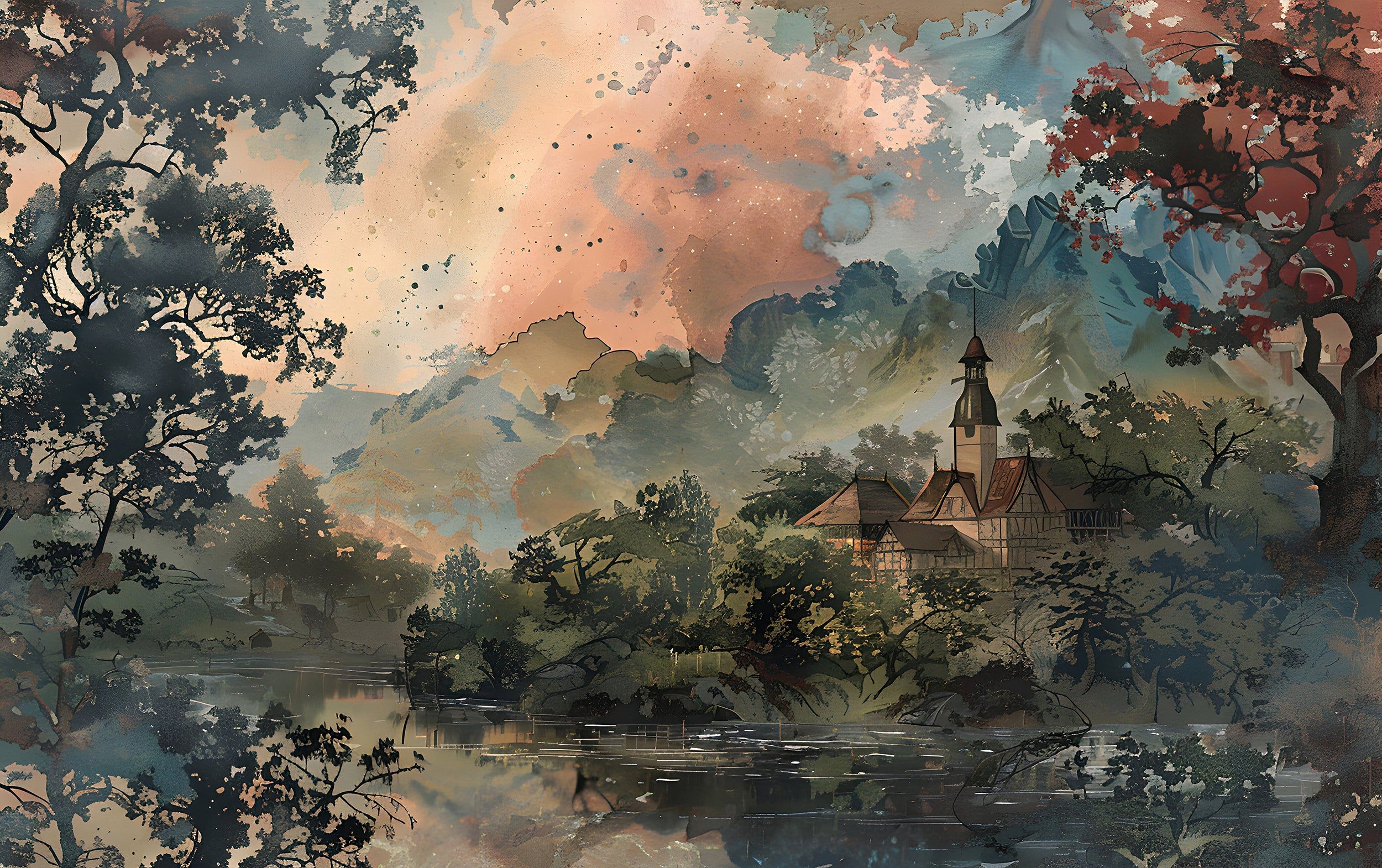 2500x1570 Riverside House Watercolor Wallpaper, Vintage Forest Classic Wallpaper, Peel and Stick Scenic Decor, Old Style Landscape Painting Wall Art