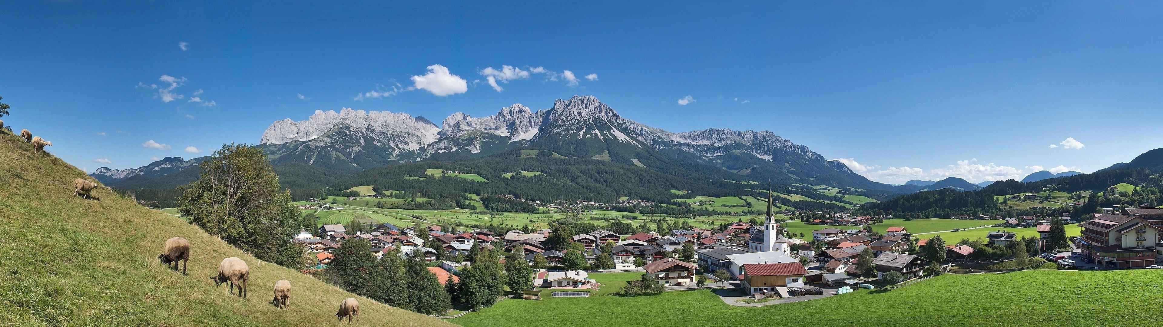 3840x1080 landscape, Austria, Town, Valley, Mountain, Sheep, Multiple