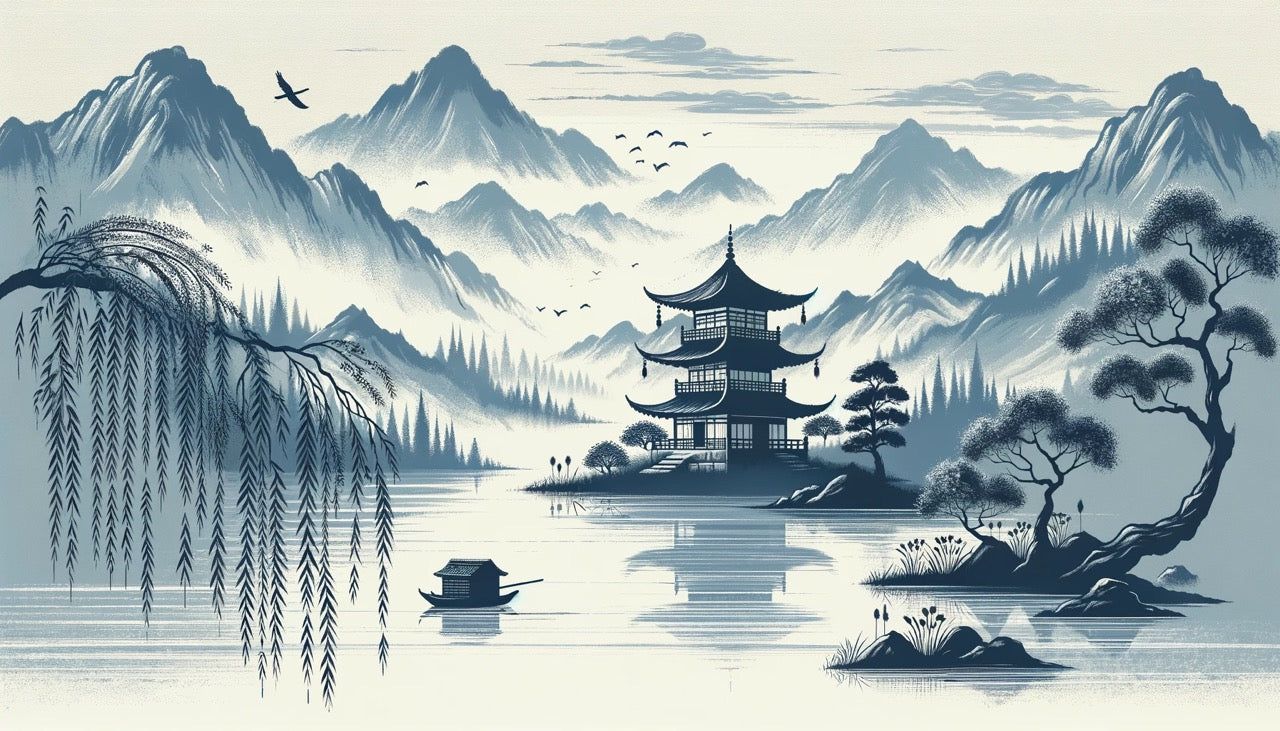 1280x731 Japanese Zen Mural Wallpaper. Temple In The Blue Toned Mountains