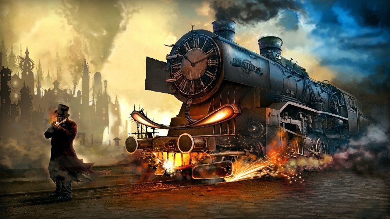 1280x720 Wallpaper Steampunk Men Fantasy Trains