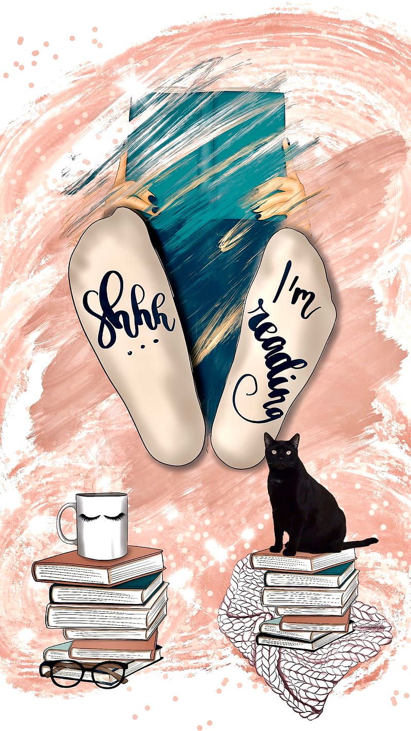800x1422 Shh.. I'm Reading”, books, calming, cat, coffee, cozy, girl, literacy, read, HD phone wallpaper