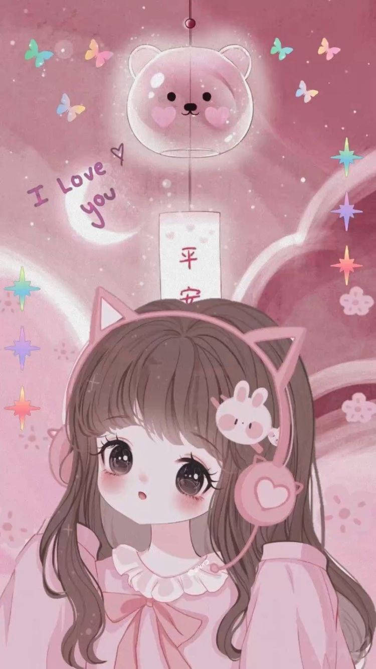 750x1333 Download Aesthetic Pink Anime Girl Cat Headphones Wallpaper