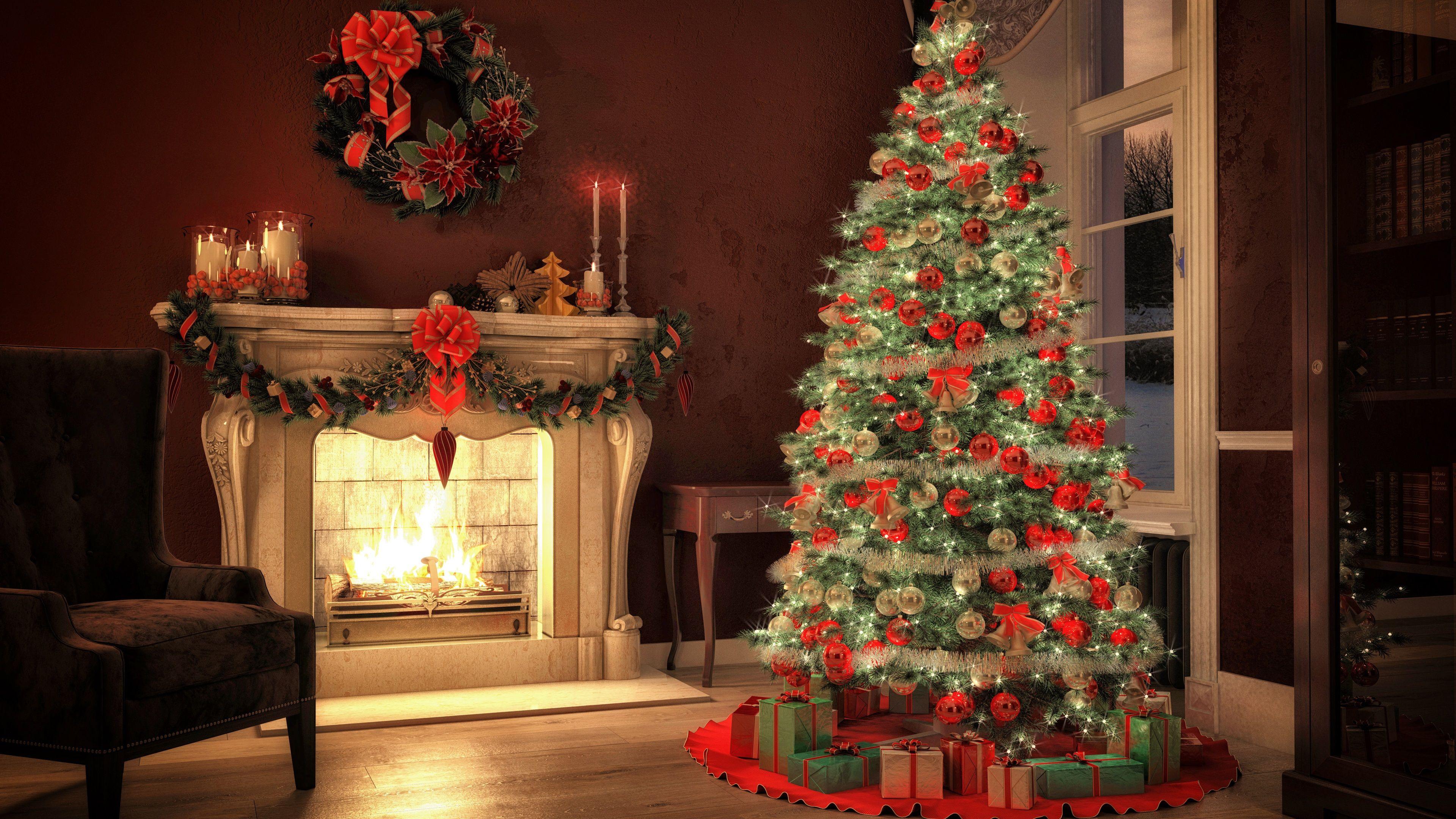3840x2160 Wallpaper Christmas tree, fireplace, decoration, room