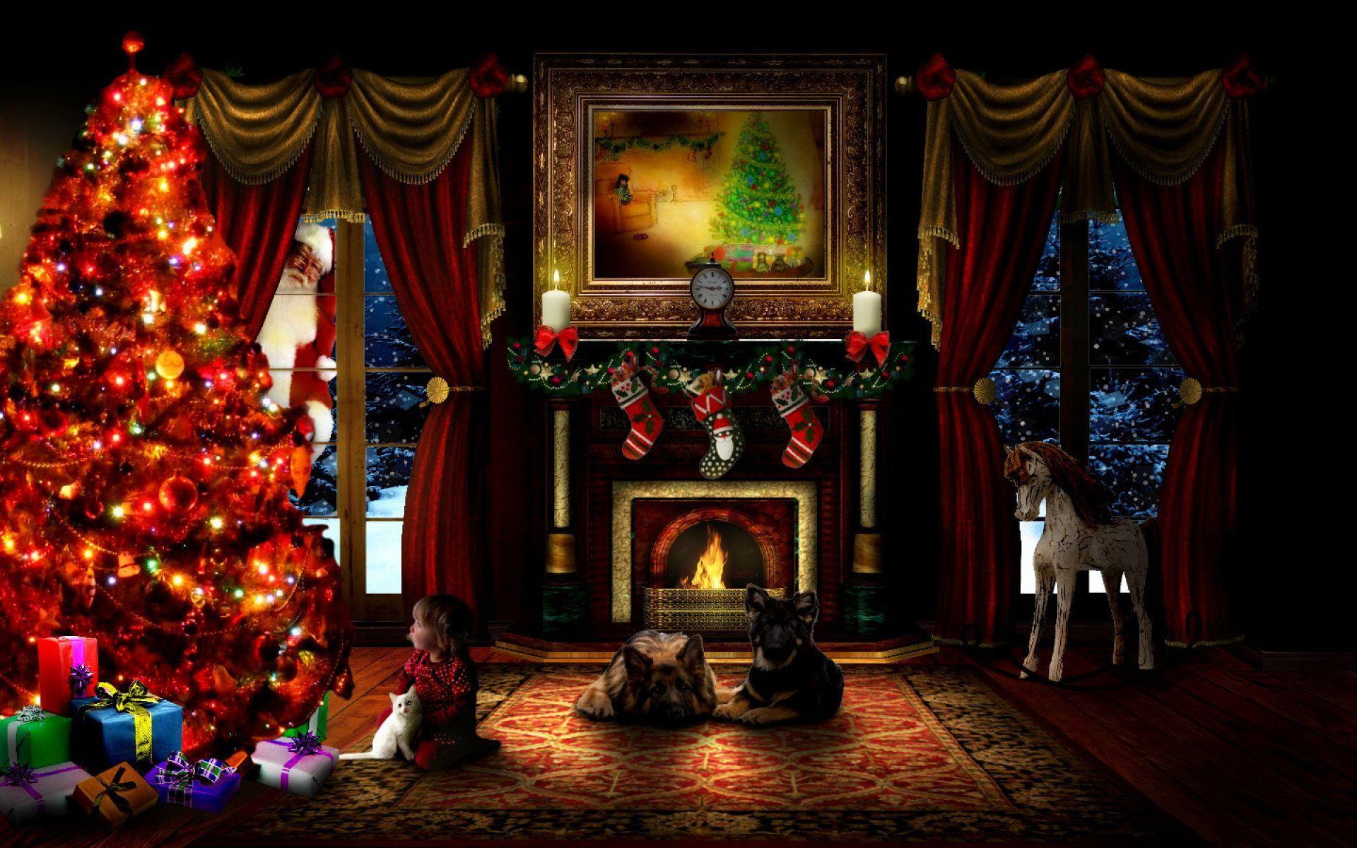 1920x1200 Christmas Evening With Pets. HD Christmas Wallpaper