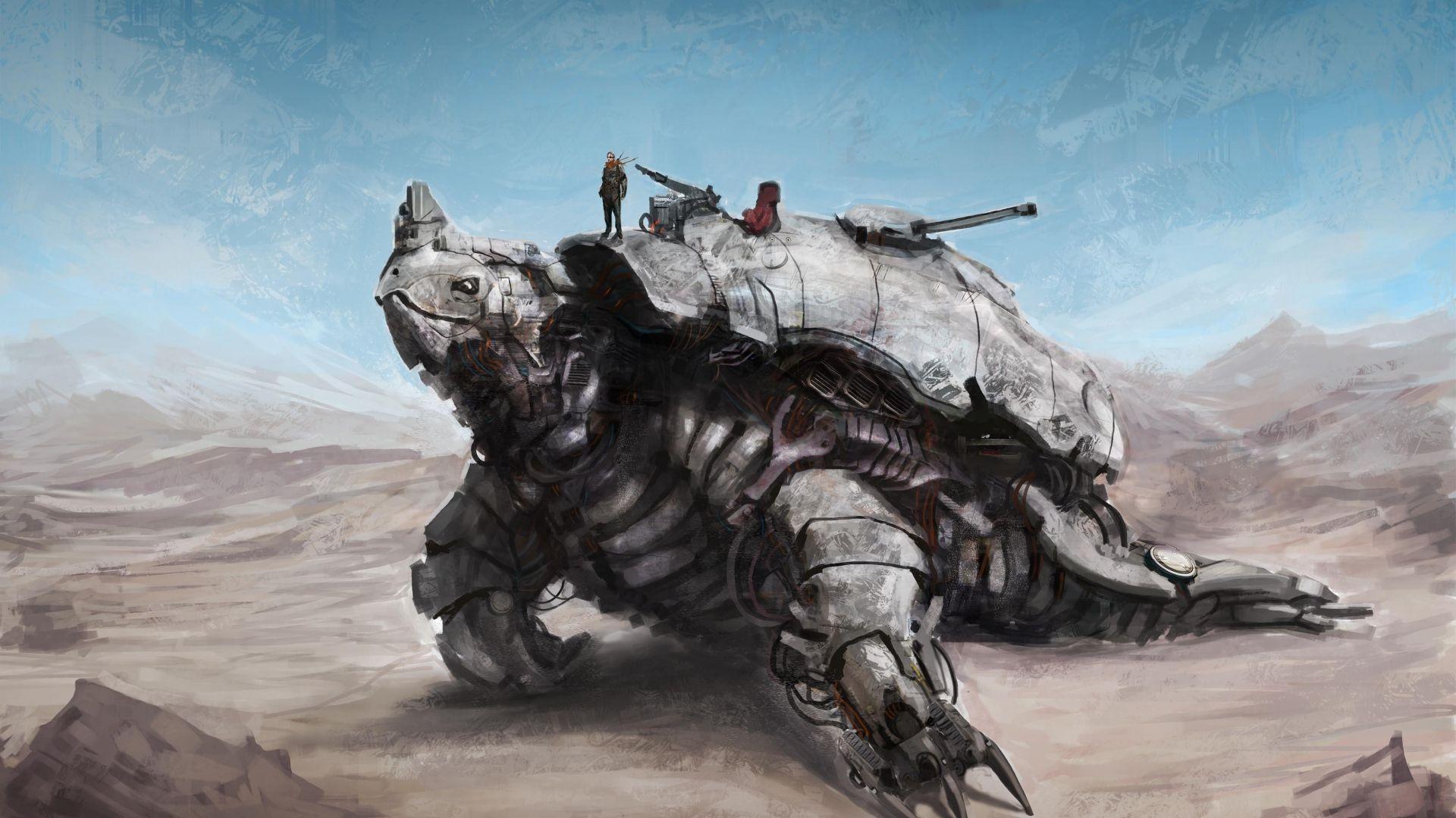 1920x1080 Full HD Wallpaper giant robot turtle desert sand art, Desktop