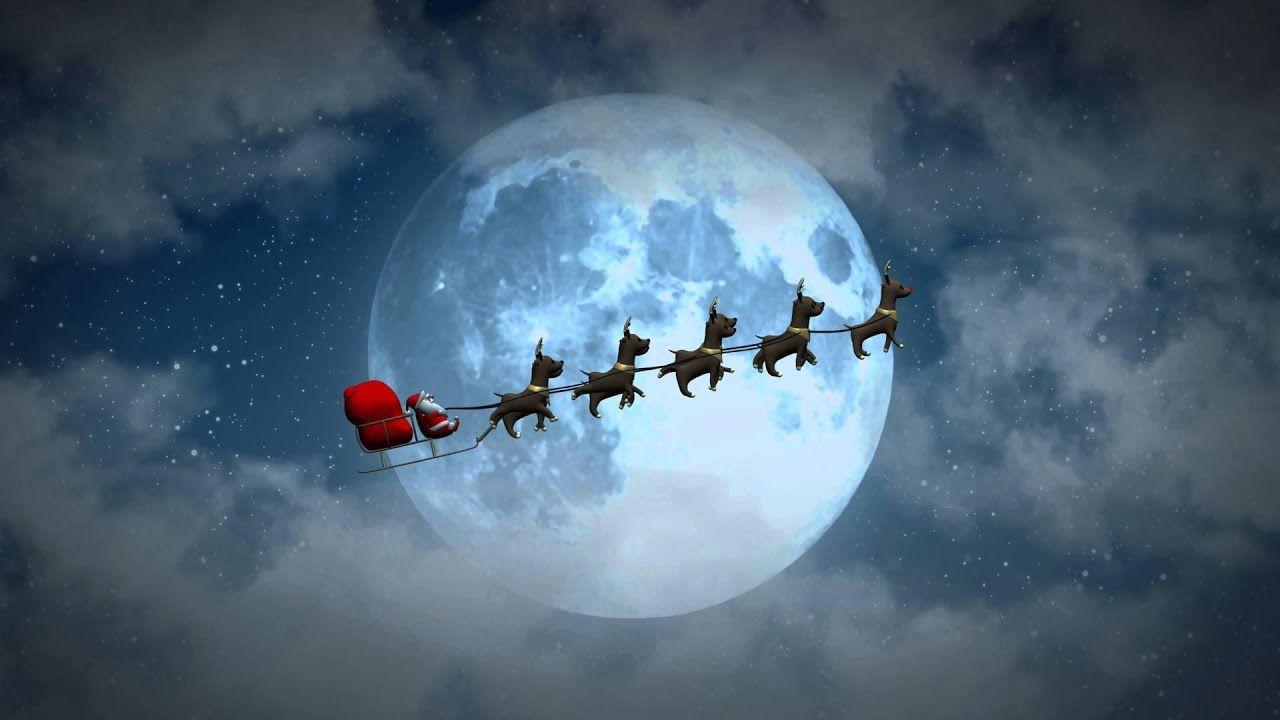 1280x720 Christmas flying Santa sleigh reindeer's at night animated motion graphics