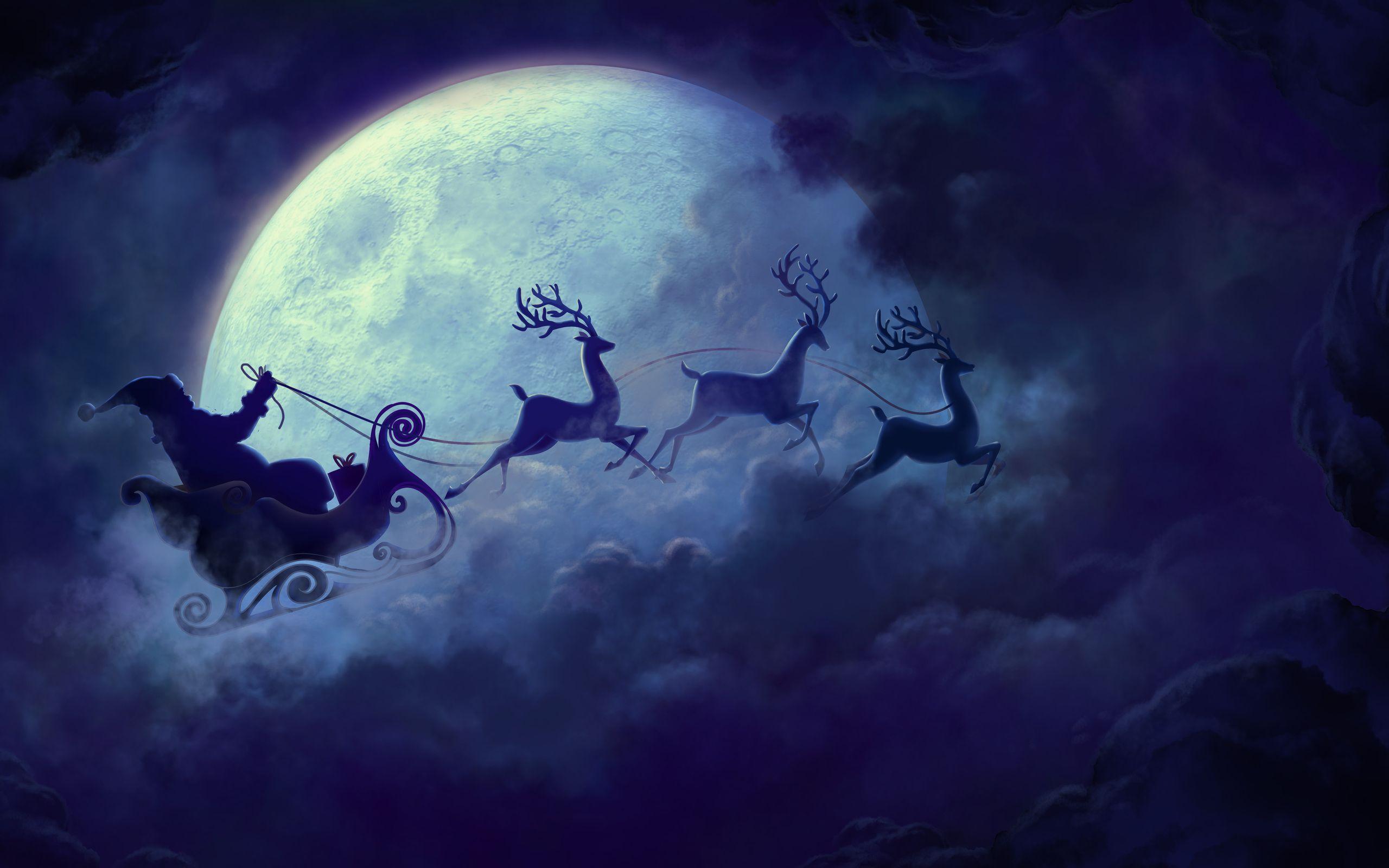 2560x1600 Wallpaper of Blue, Christmas, Moon, Night, Reindeer, Santa