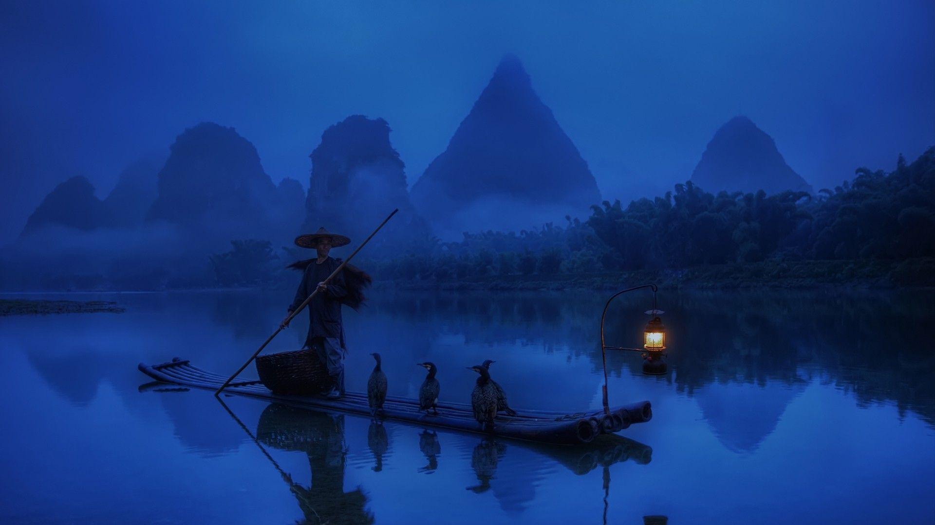 1920x1080 Rive Cormorants Morning Mountains Light Fisherman Lantern Birds