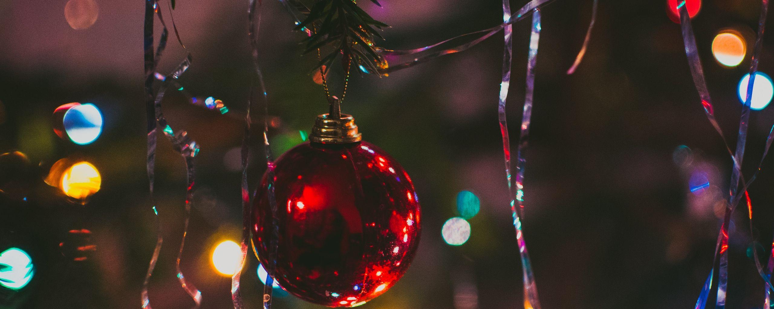 2560x1024 Download wallpaper 2560x1024 christmas tree, ball, fir, new