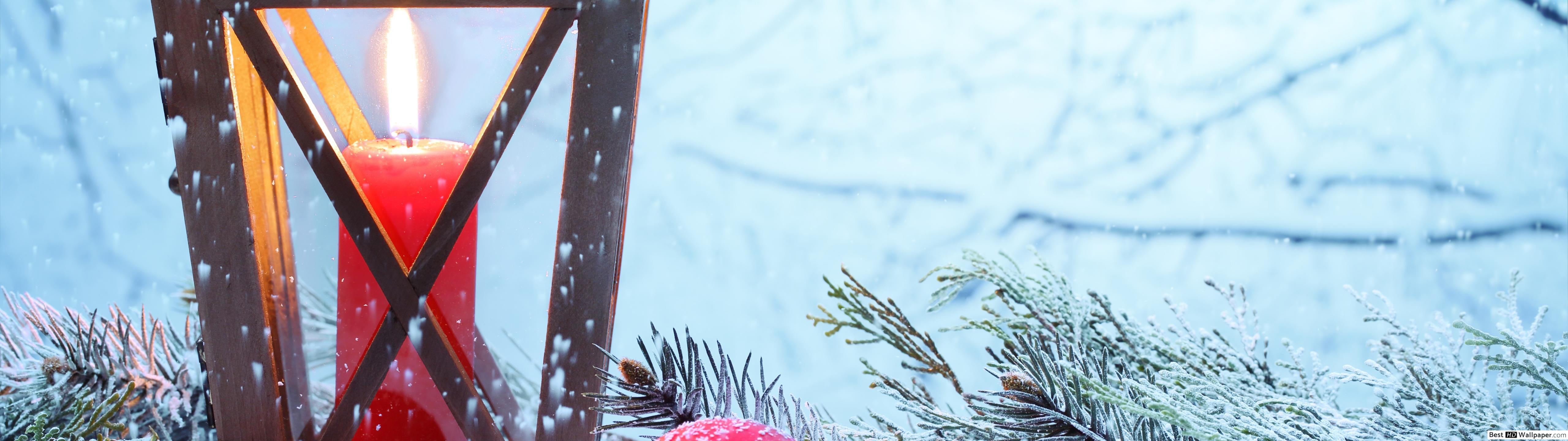 5120x1440 Christmas Candle and snow HD wallpaper download