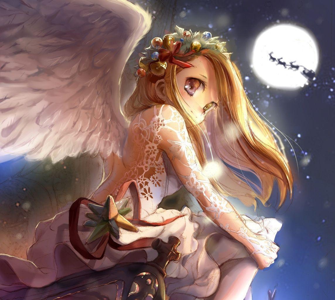 1144x1024 Desktop Wallpaper New year Wings Anime female Fantasy Moon