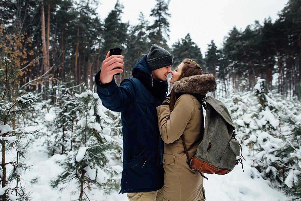 1280x853 image Girls Brown haired Man Couples in love Selfie Two