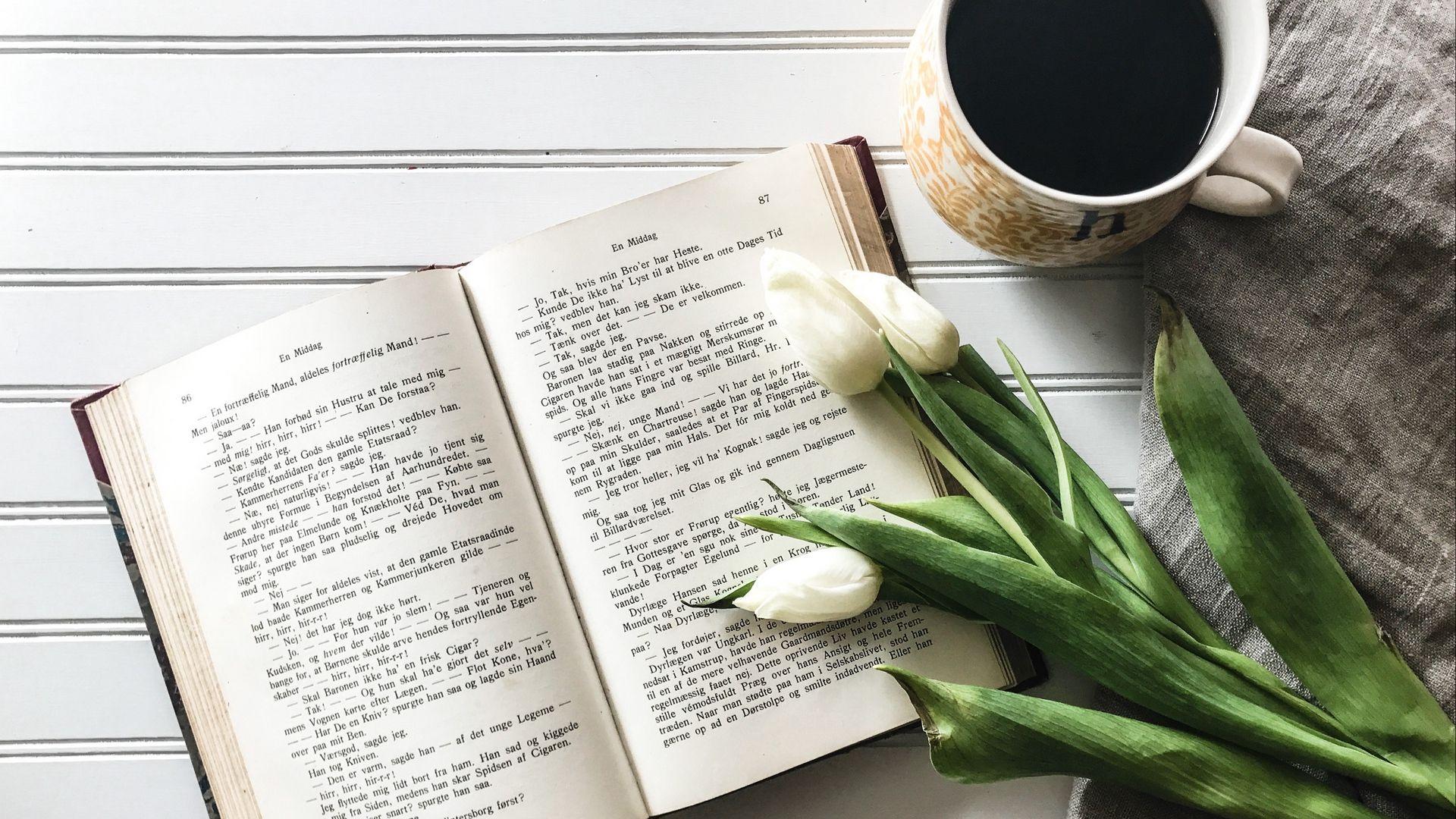 1920x1080 Download wallpaper 1920x1080 book, tulips, coffee full HD