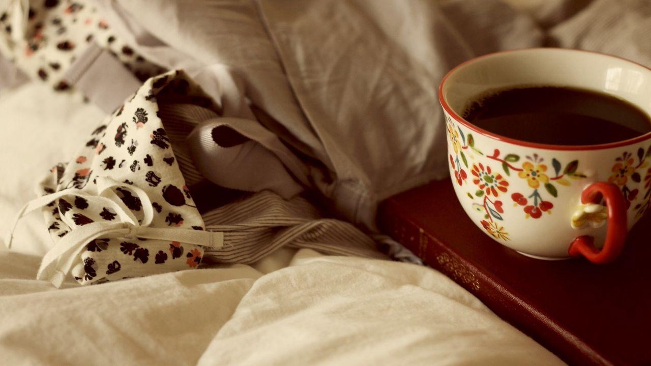 1280x720 Wallpaper cup, coffee, book, bed hd, picture, image
